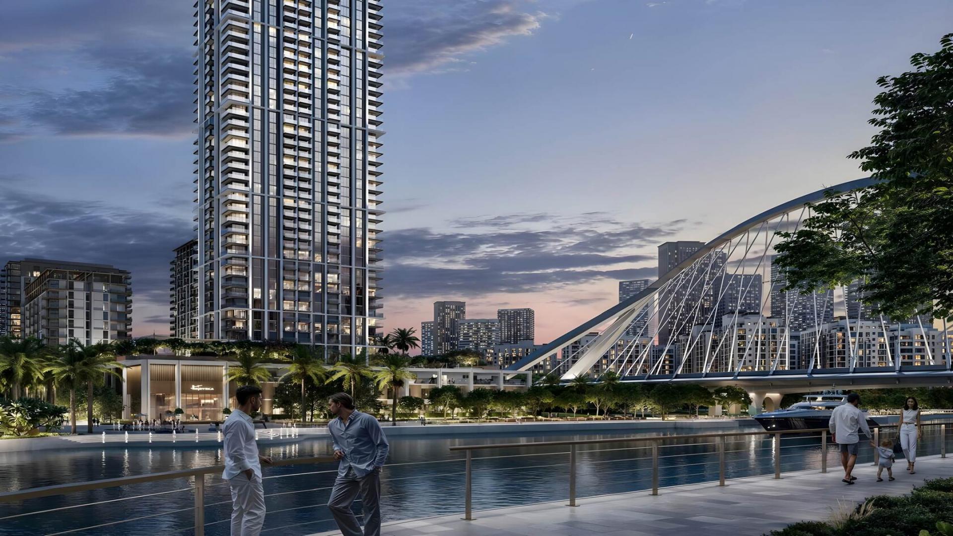 Modern living room in luxury Dubai Creek Harbour apartment with stunning creek views