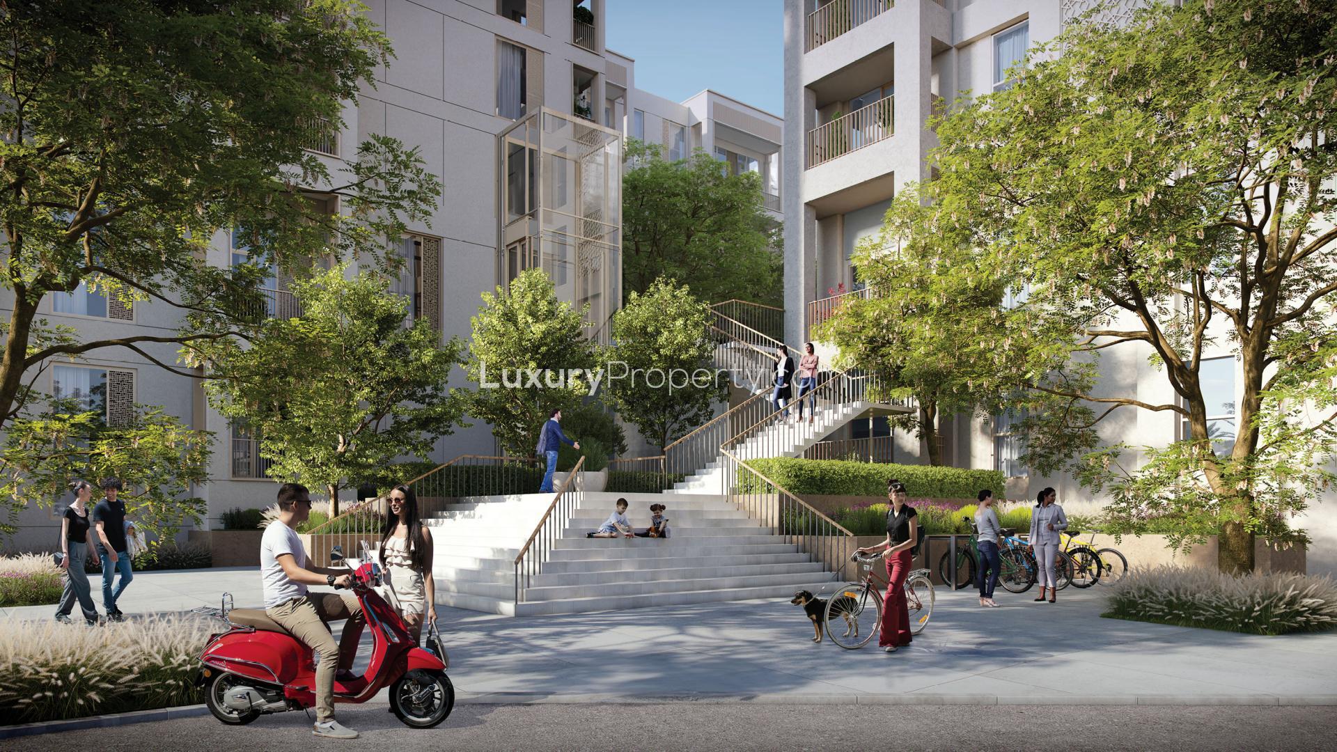 Elegant Dubai Creek Harbour apartments overlooking scenic waterfront and lush greenery at Creek Beach