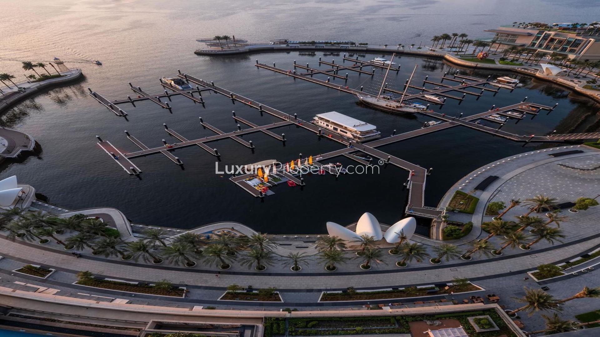 Luxurious furnished apartment living room with stunning Dubai Creek view, Dubai Creek Harbour