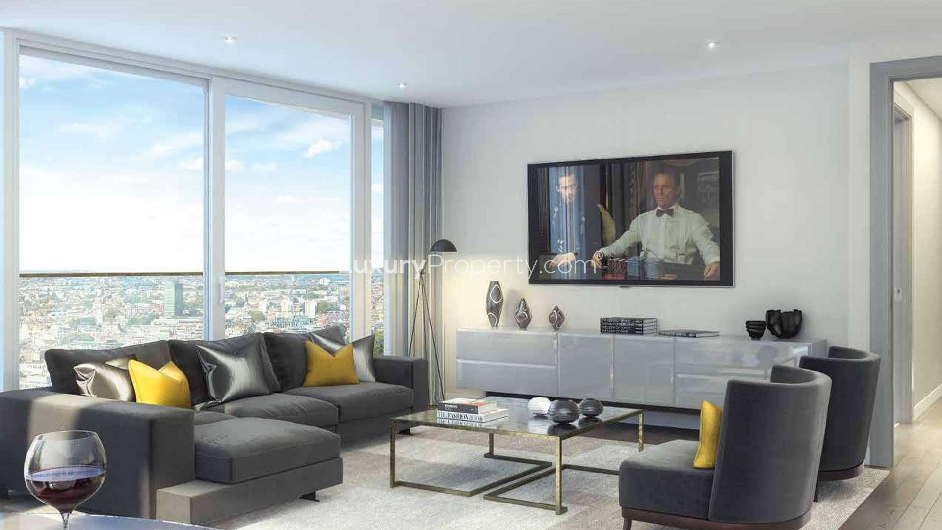 Luxurious lobby in Alexandra Wharf apartment, London Dock, with modern decor and seating area