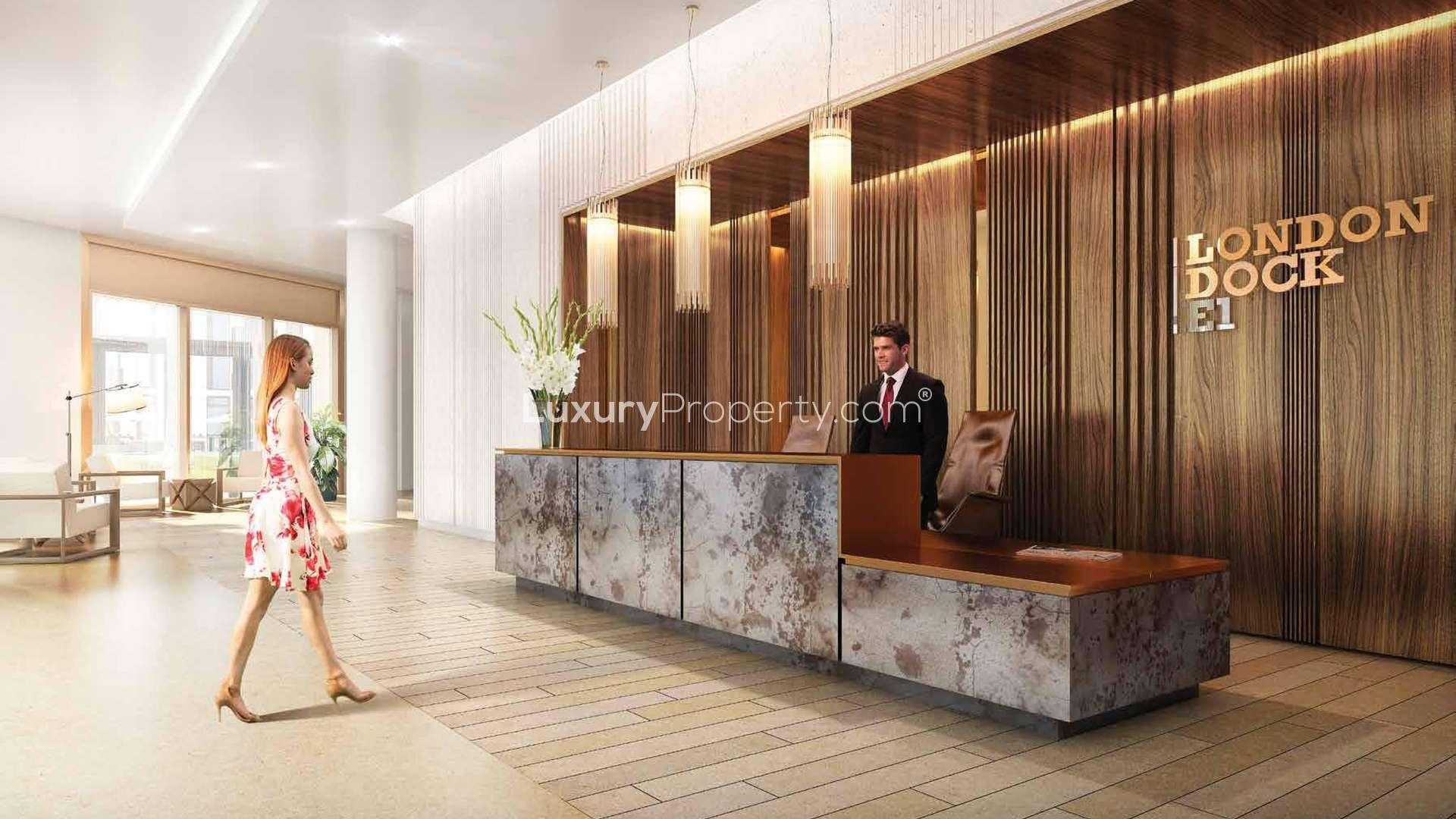 Luxurious apartment exterior with balconies in Alexandra Wharf, London Dock