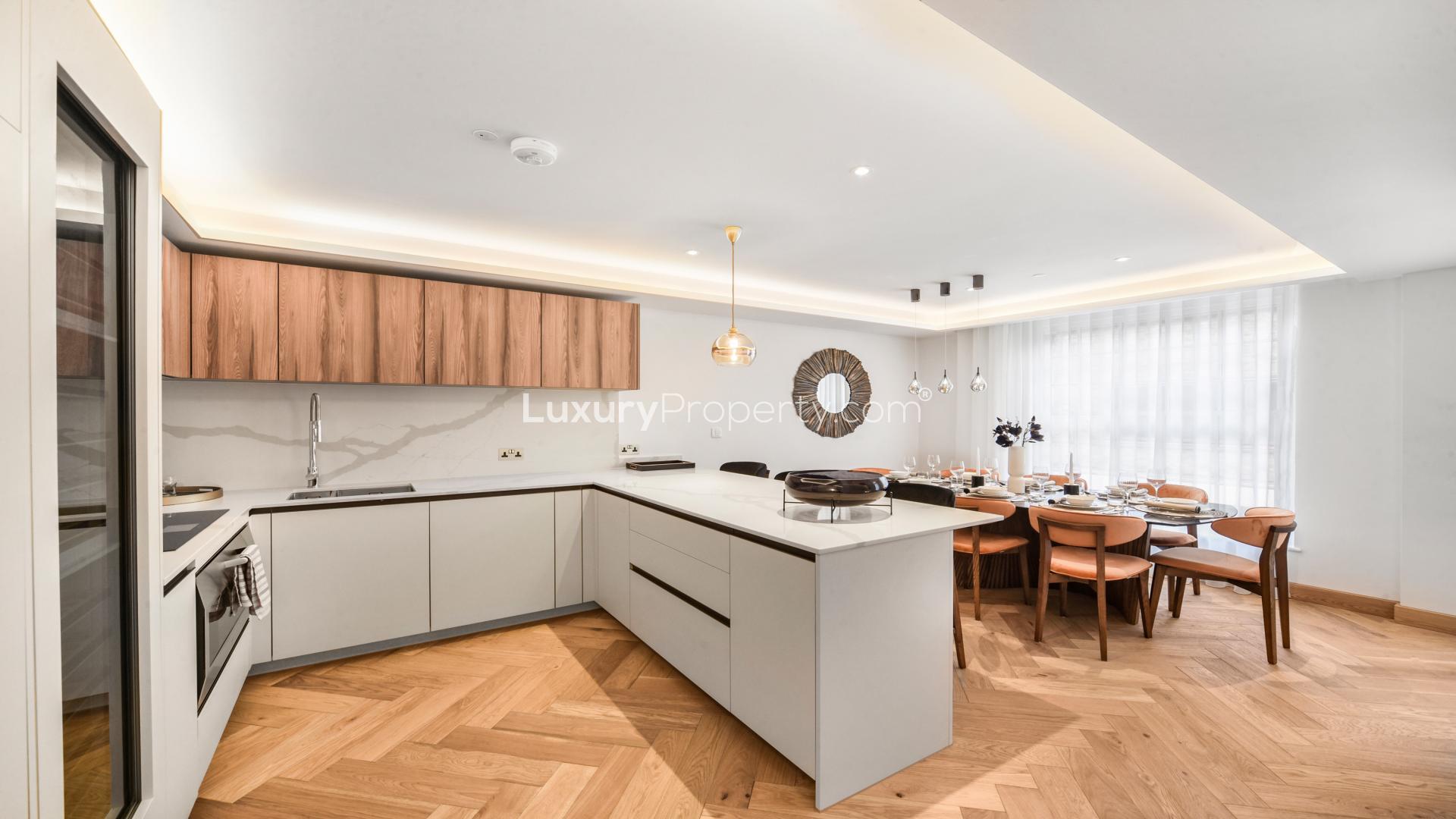 Luxurious living room in Sherlock Mews duplex, Marylebone, with modern decor and seating