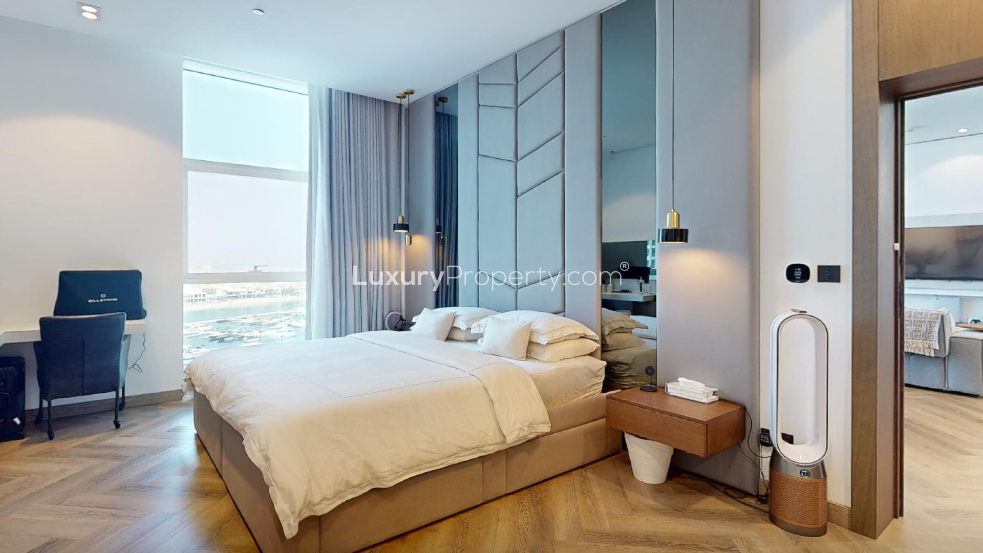 Luxurious master bedroom in Oceana apartment, Palm Jumeirah, featuring modern decor and sea views