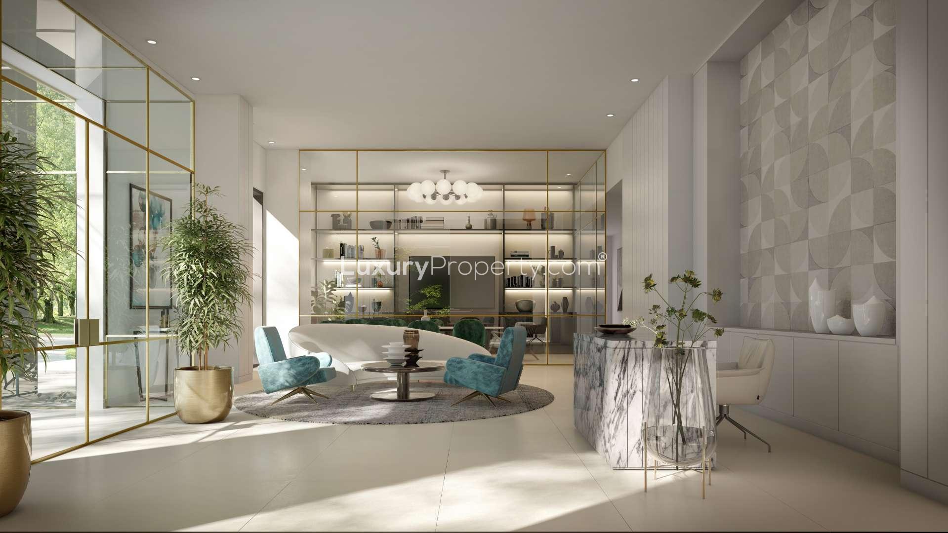 Stylish living room in three-bedroom apartment, Bayshore, Dubai Creek Harbour, for sale