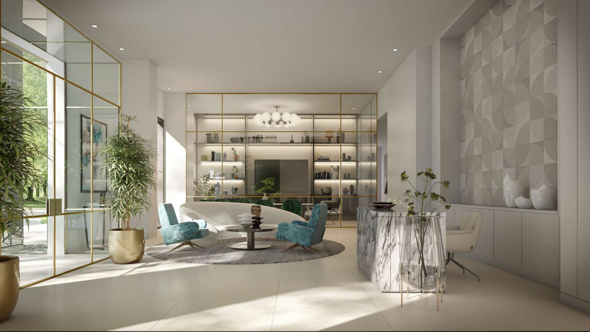 Stylish living room in three-bedroom apartment, Bayshore, Dubai Creek Harbour, for sale