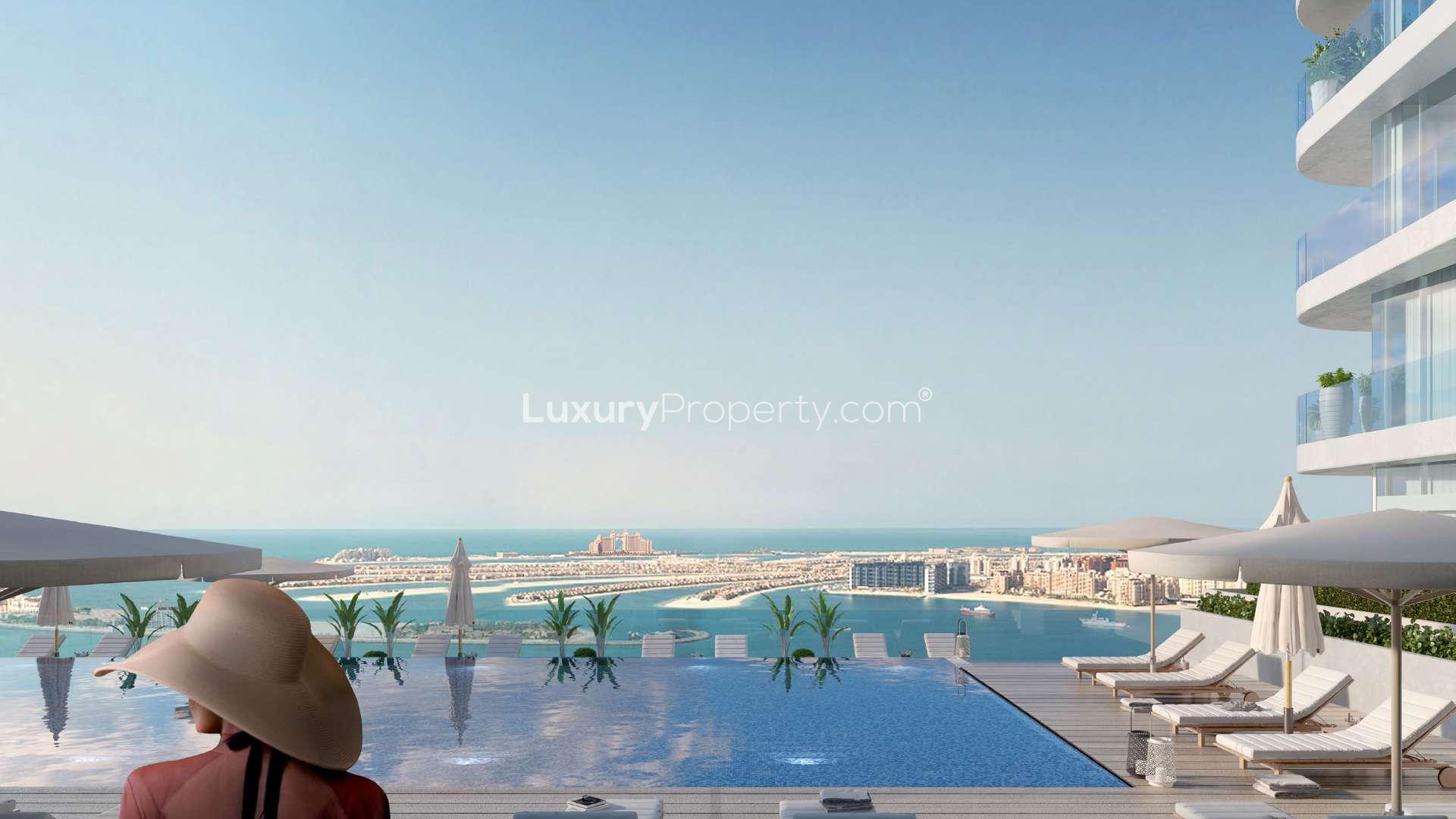 Modern bedroom with ocean view in Dubai Harbour apartment, Emaar Beachfront