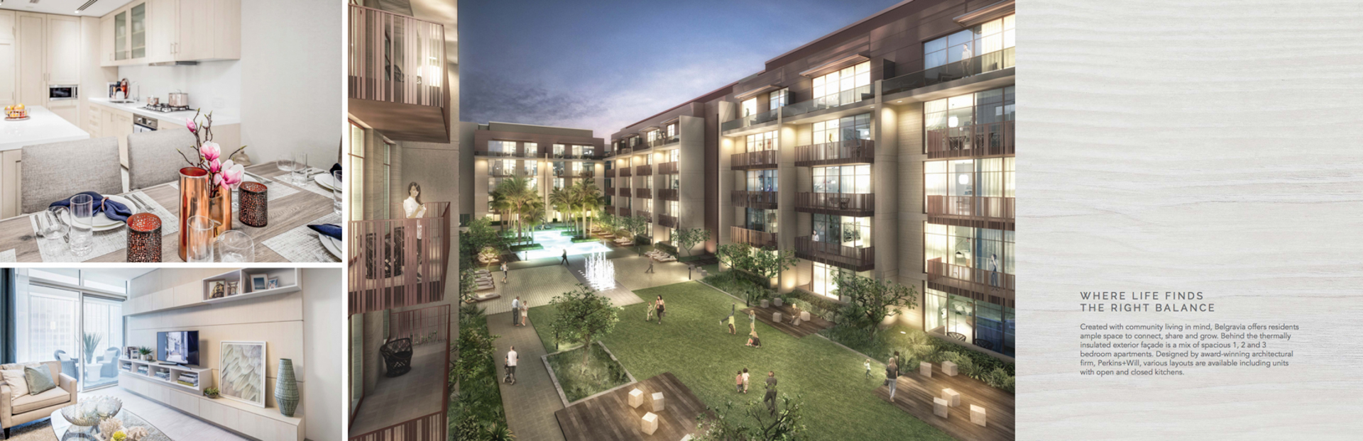 Modern Belgravia apartment building exterior, Jumeirah Village Circle, at sunset, for sale