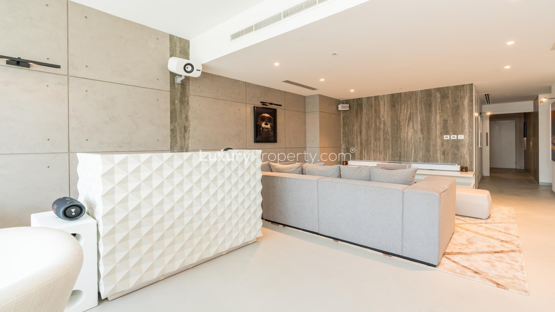 Modern living room in Dubai Marina apartment with marina views, Emaar 6 Towers