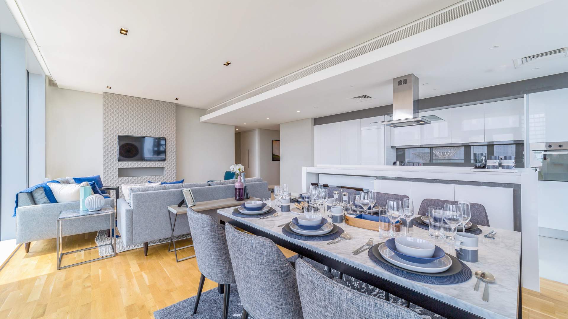 Luxurious living room in Bluewaters three-bedroom apartment for sale, featuring modern decor