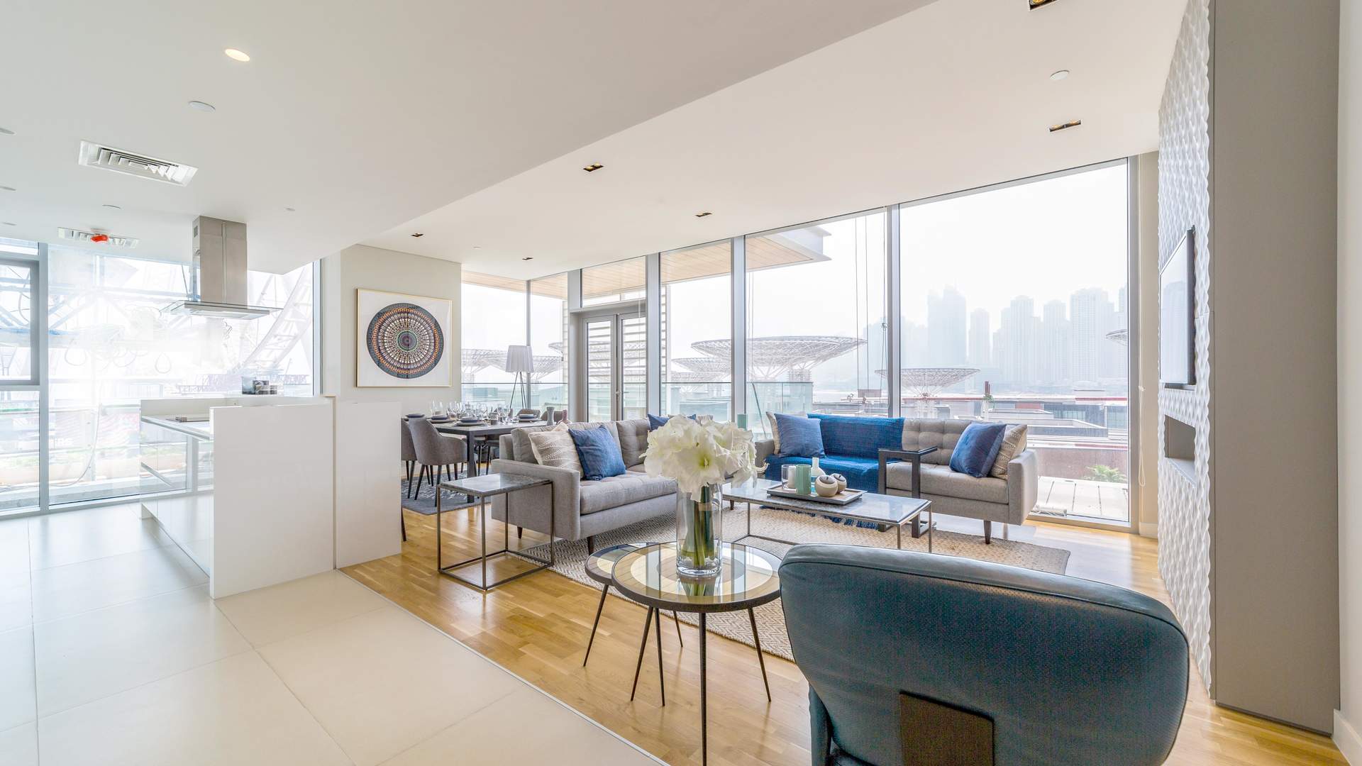 Modern kitchen with city view in Bluewaters three-bedroom apartment for sale, JBR