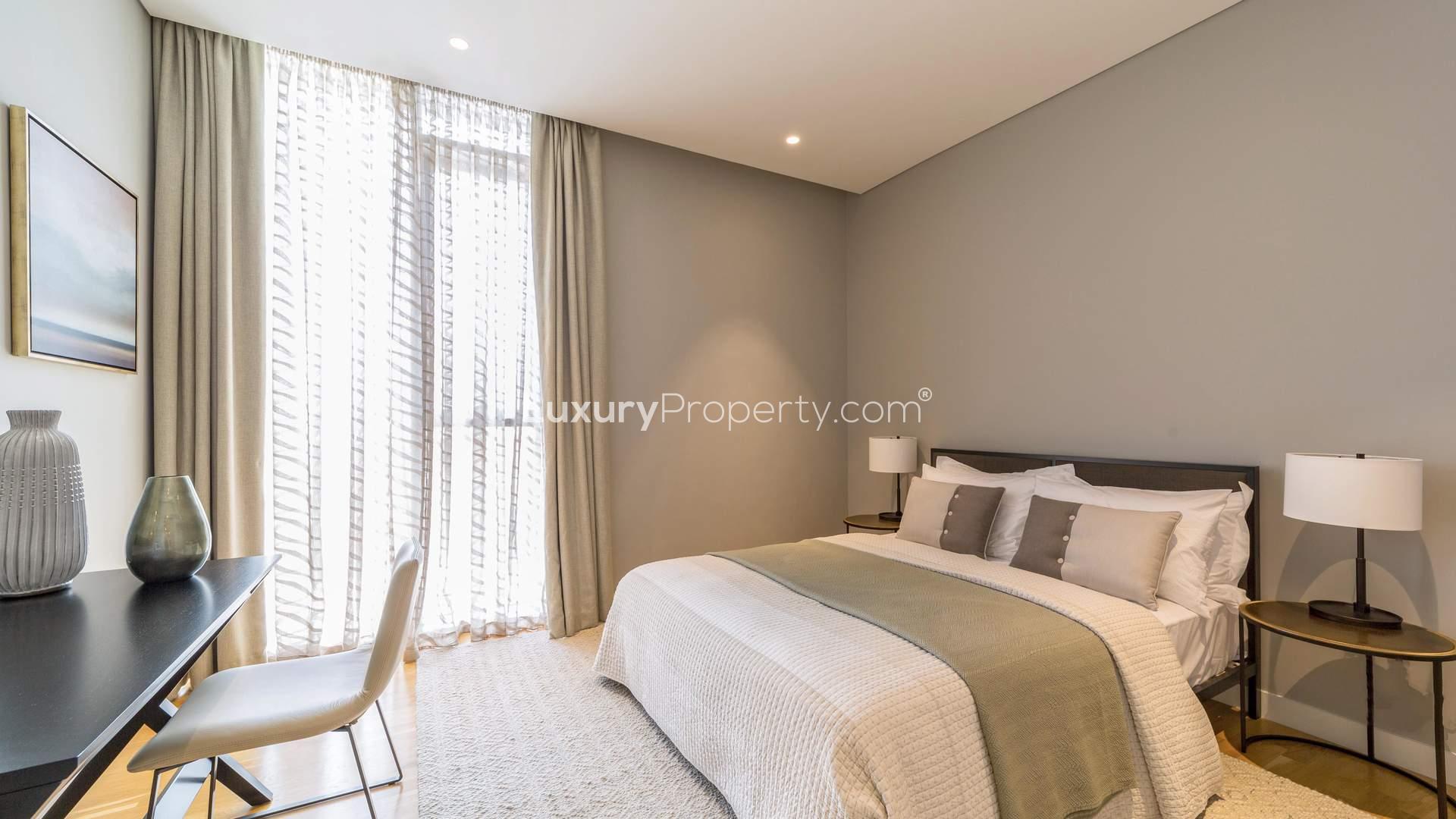 Three-bedroom apartment bedroom with modern decor in Bluewaters, JBR, available for sale