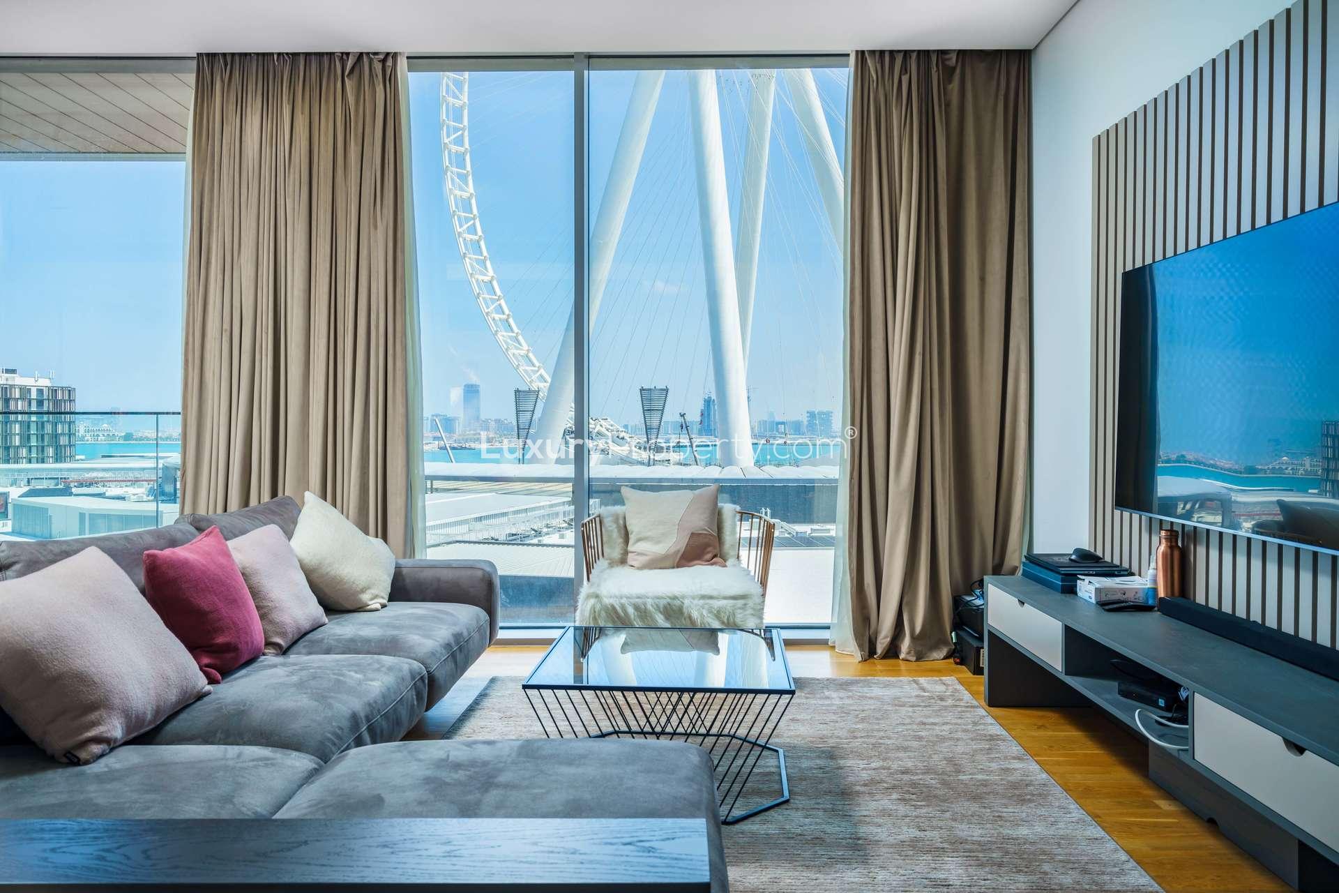Modern living room with ocean view in Bluewaters Island apartment, Dubai