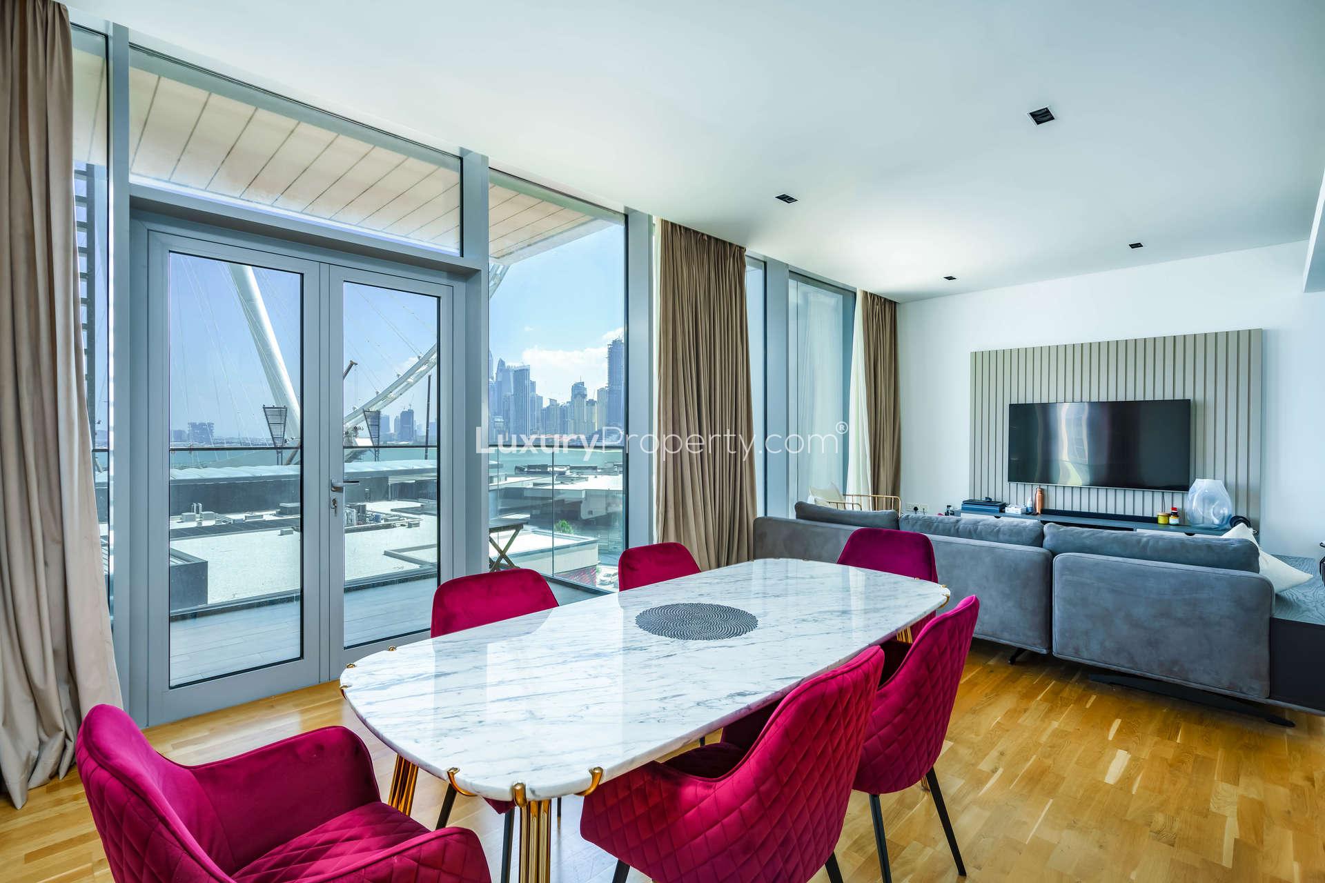 Luxury living room in Bluewaters Island apartment with stunning Dubai skyline view
