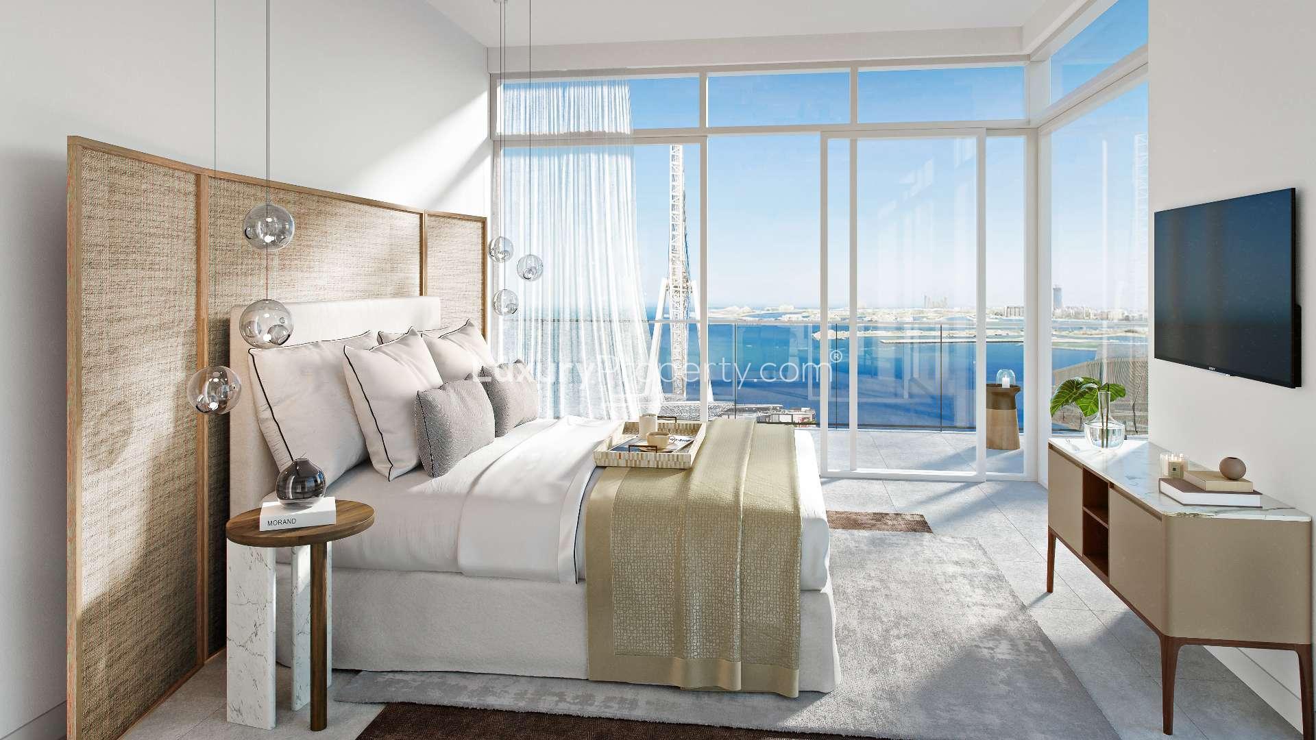 Elegant living room with sea view in Bluewaters Bay, Dubai apartment for sale