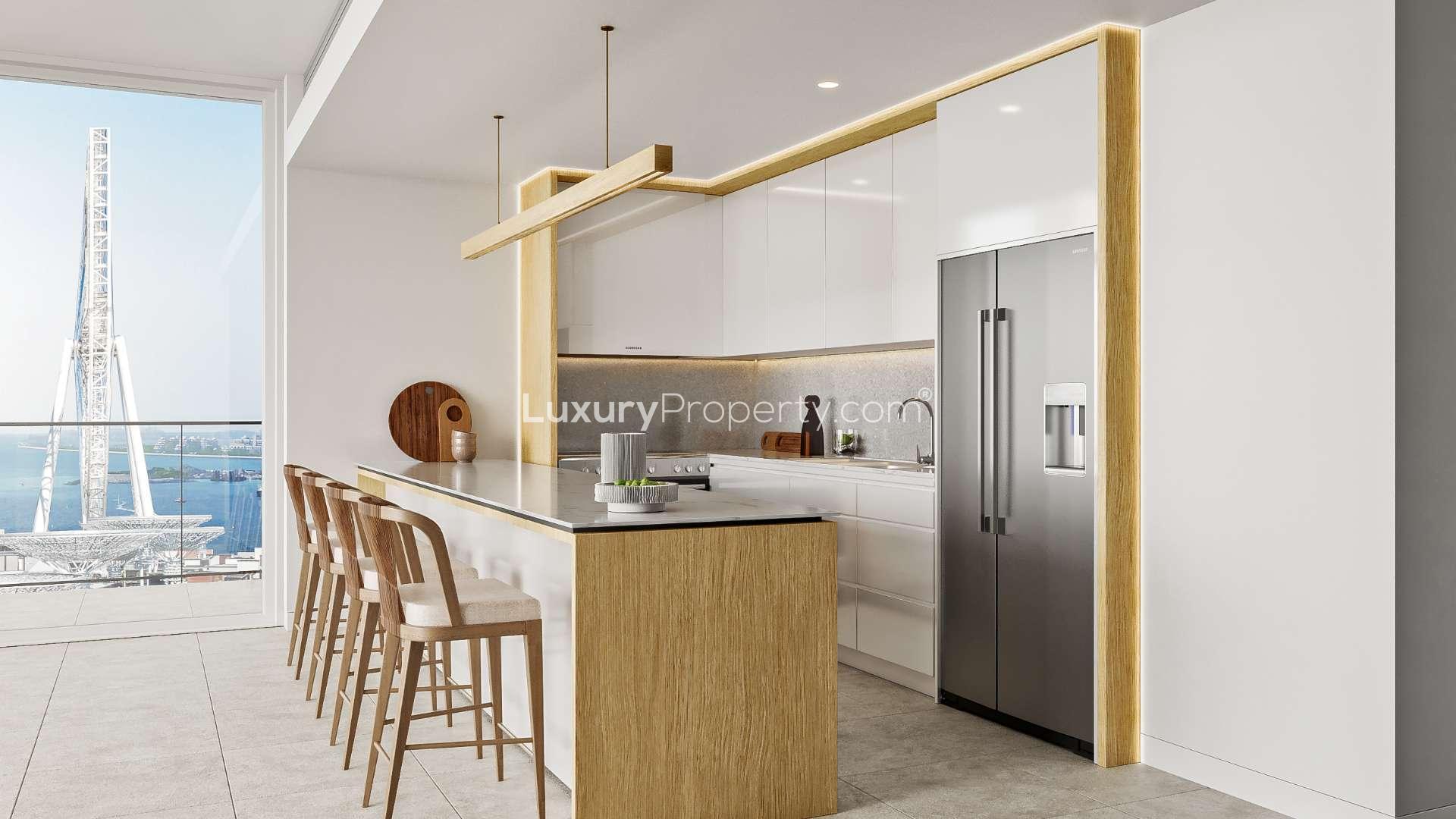 Elegant living room with sea view in Bluewaters Bay, Dubai apartment for sale