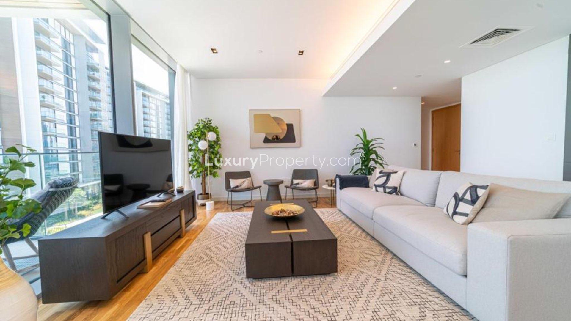 Luxury apartment exterior with pool, Bluewaters Island, Dubai, offering stunning Ain Dubai views