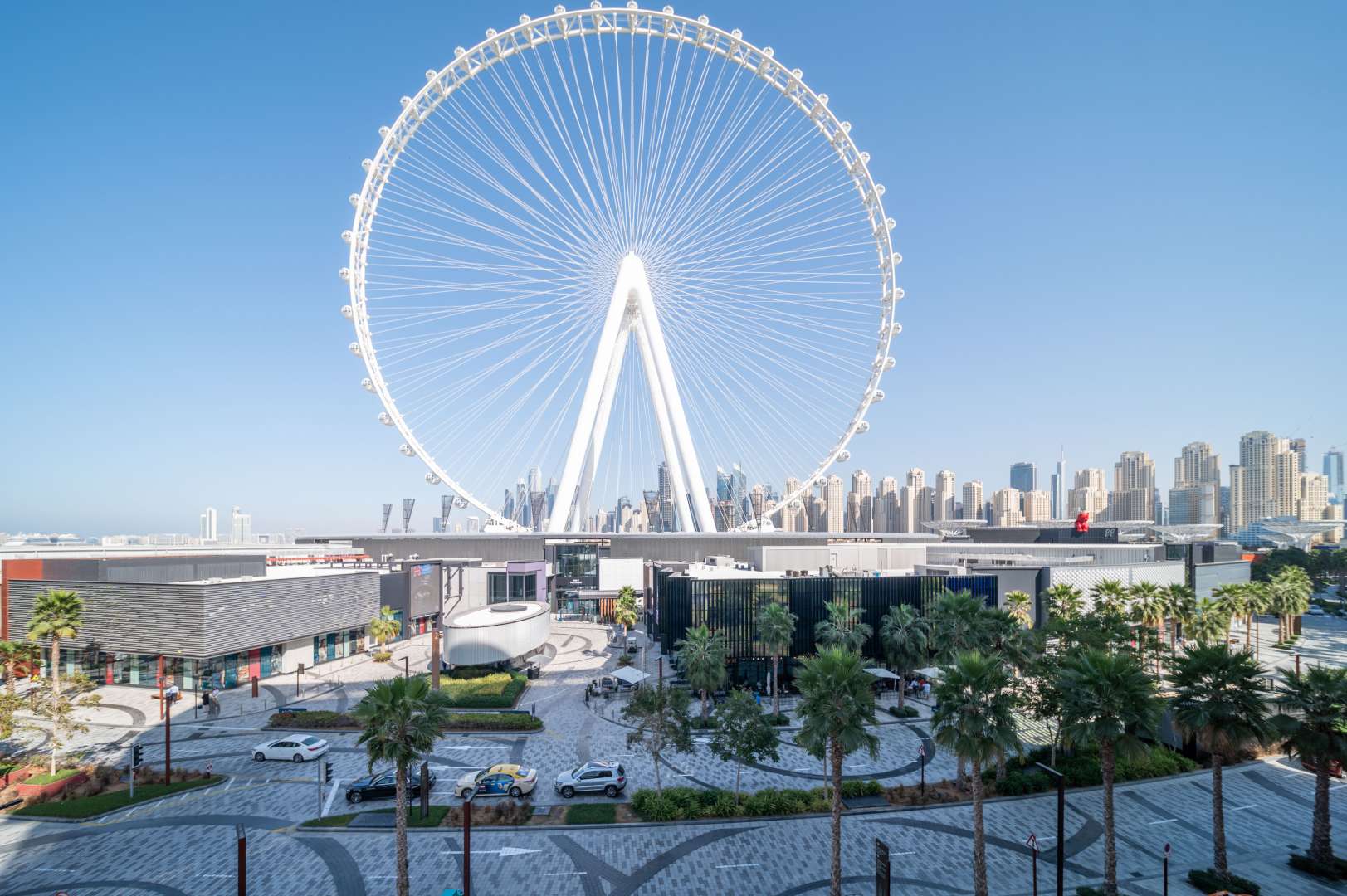 Luxurious living room in Bluewaters Island apartment with modern decor and large windows