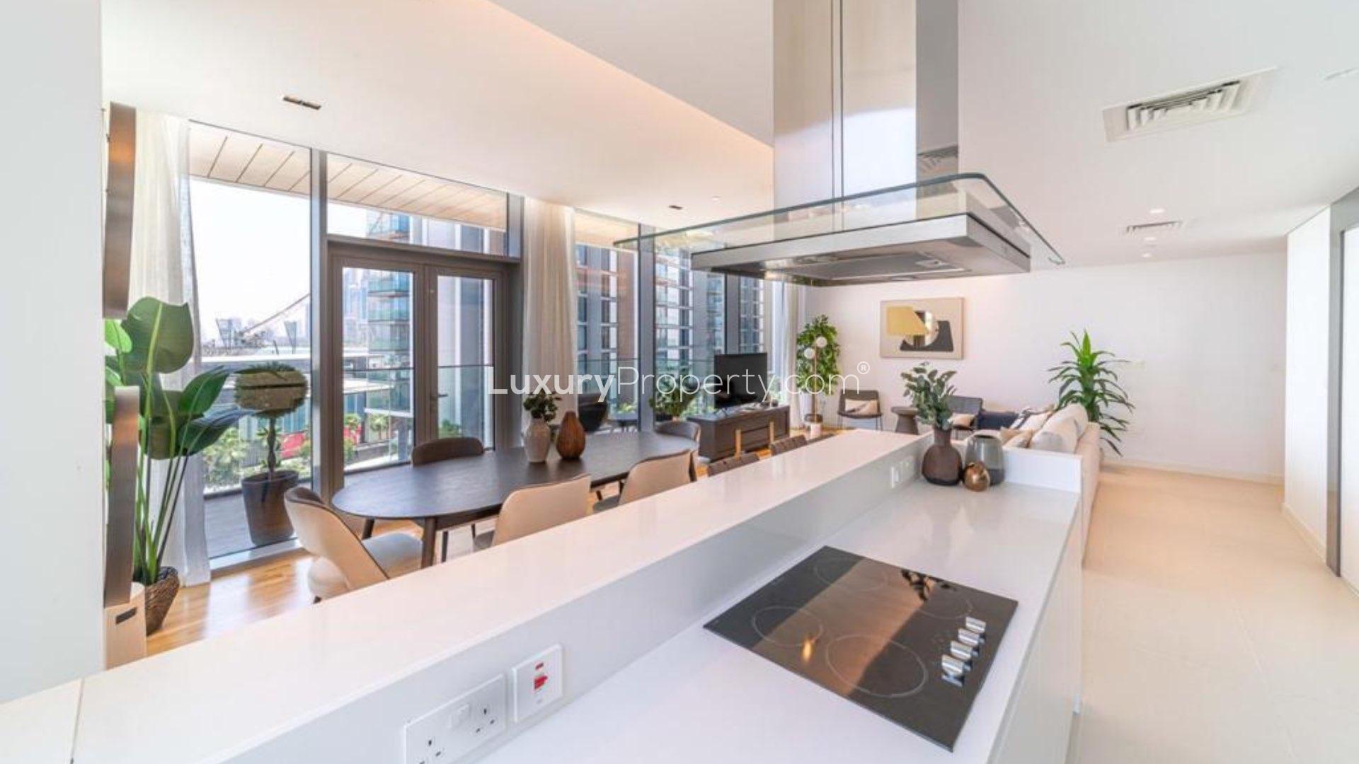 Modern bedroom with large window view in Bluewaters Residences apartment, LP11800