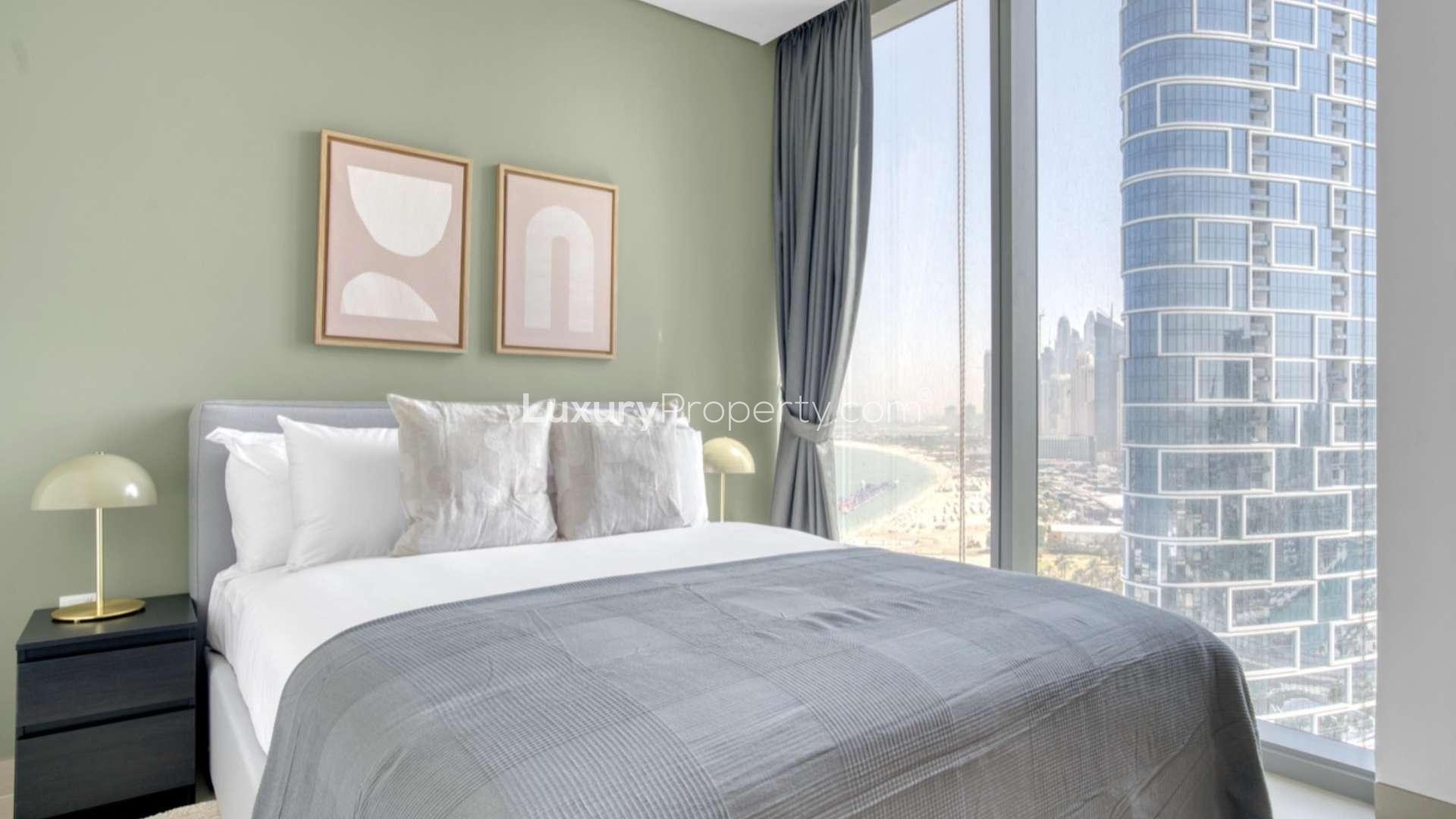 Luxury bedroom with Dubai Eye view in Bluewaters Residences apartment for sale