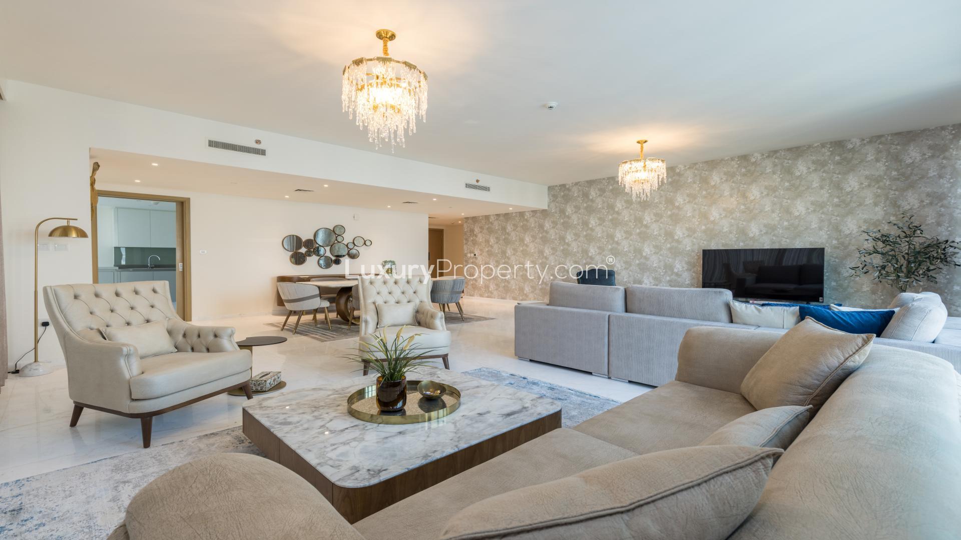 Luxurious living room in 3-bed apartment with Burj Khalifa views, Downtown Dubai