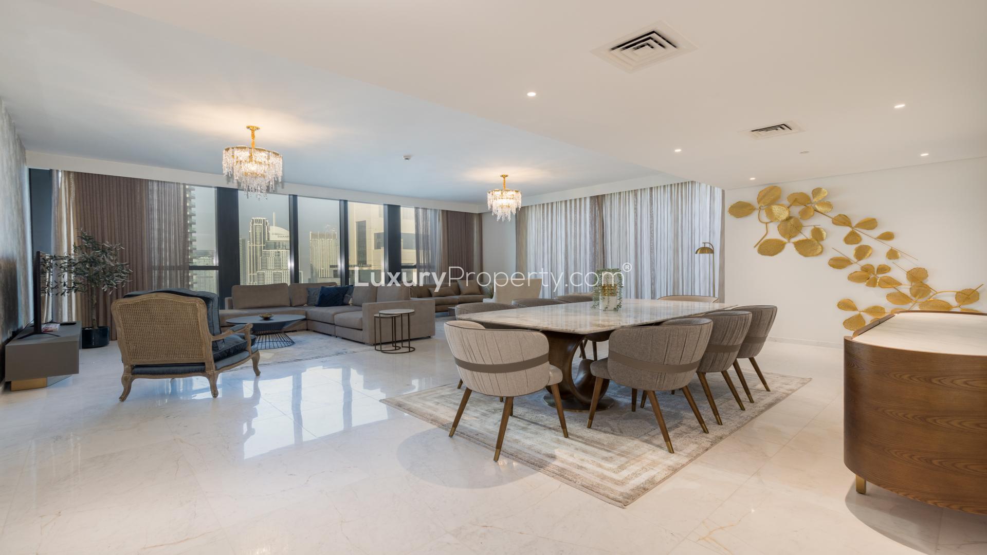 Luxurious living room in fully furnished 3-bed apartment, Downtown Dubai, BLVD Heights