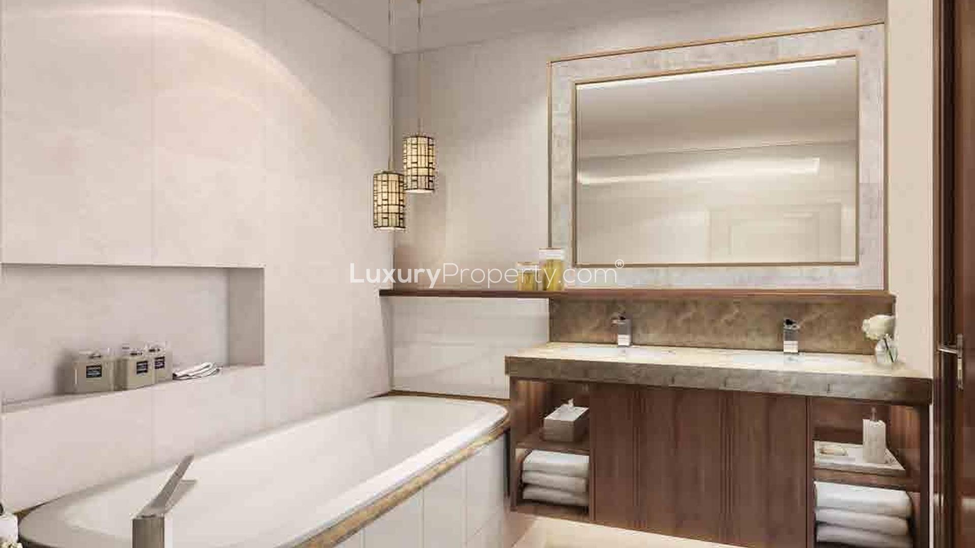 Luxurious bedroom view in Boulevard Point apartment, Downtown Dubai at sunset