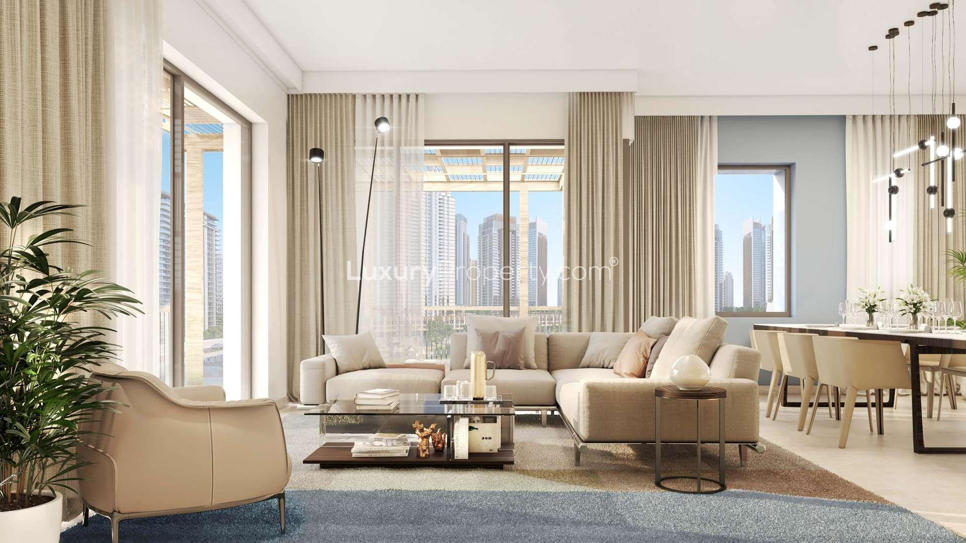 Lobby of spacious 3-bedroom apartment in Breeze at Dubai Creek Beach, modern furnishings