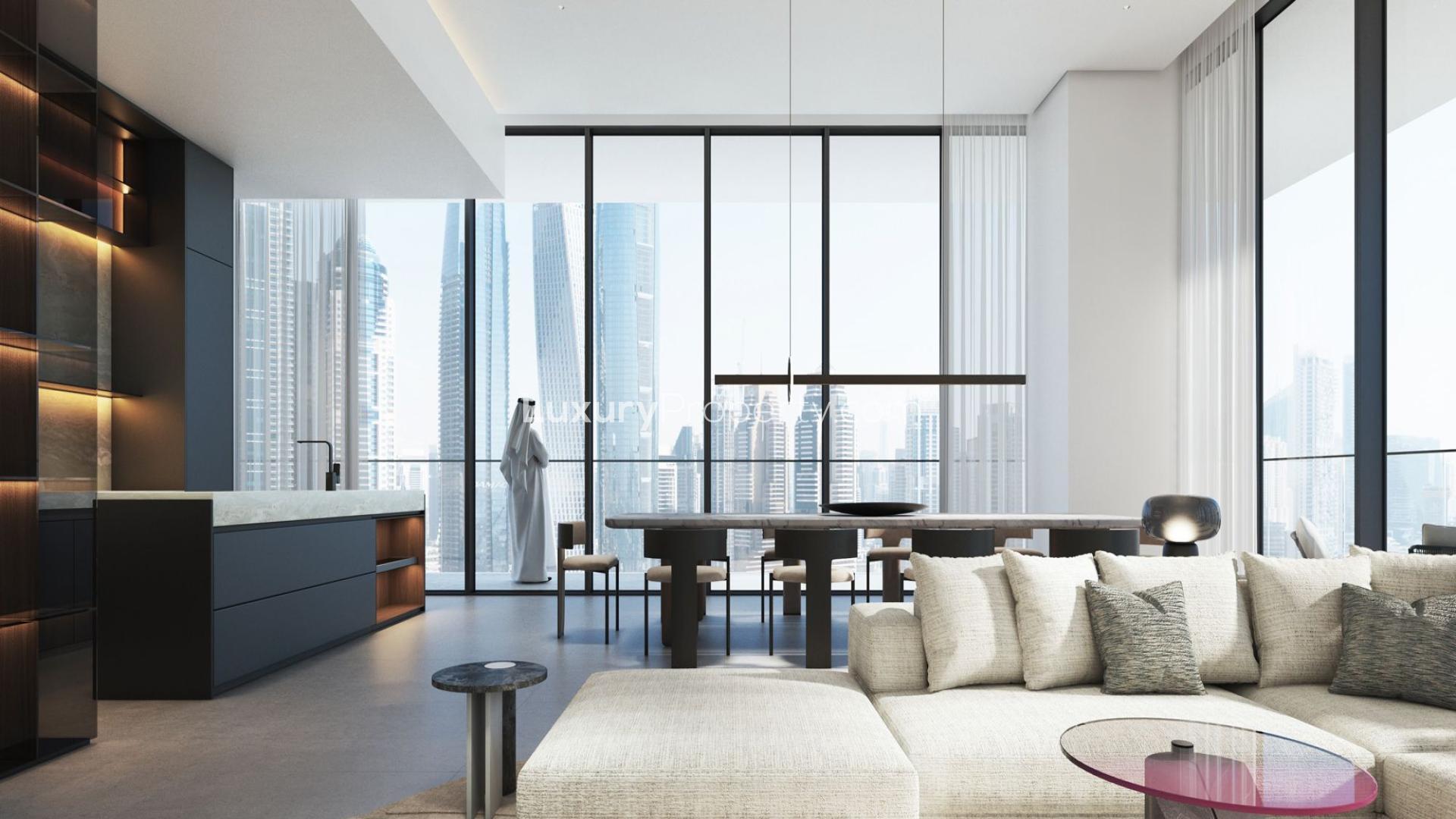 Luxurious living room in W Residences Dubai Harbour apartment for sale, featuring modern decor