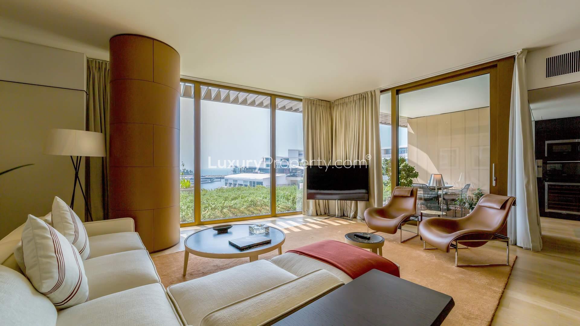 Luxurious living room in three-bedroom apartment, Bulgari Residences, Jumeirah Bay Island