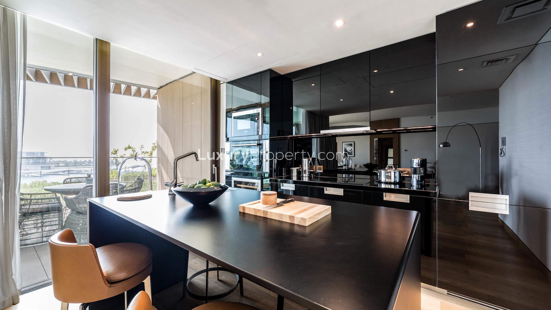 Luxurious living room in three-bedroom apartment, Bulgari Residences, Jumeirah Bay Island, for sale