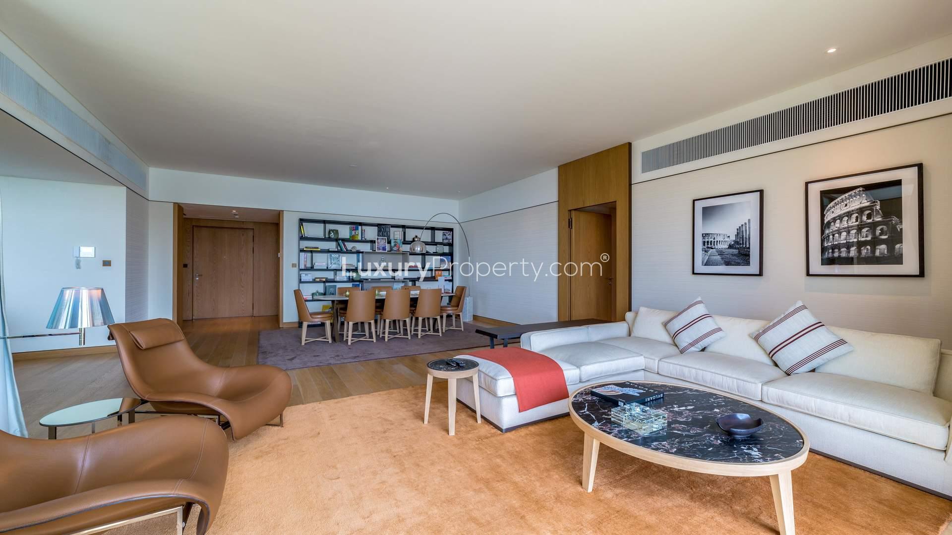 Luxurious living room in three-bedroom apartment, Bulgari Resort, Jumeirah Bay Island, for sale