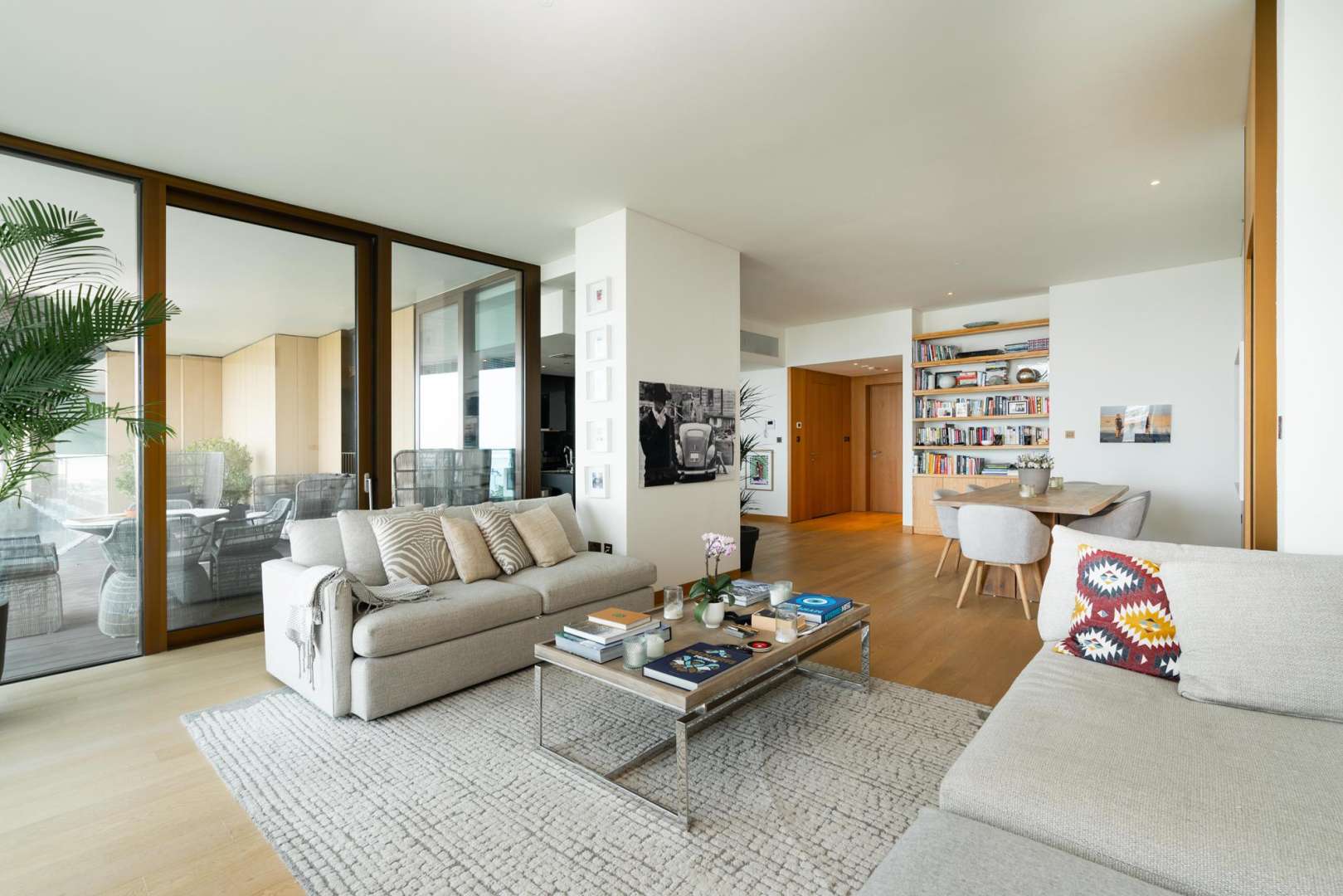 Luxurious Jumeirah Bay apartment view with skyline, gardens, and modern architecture