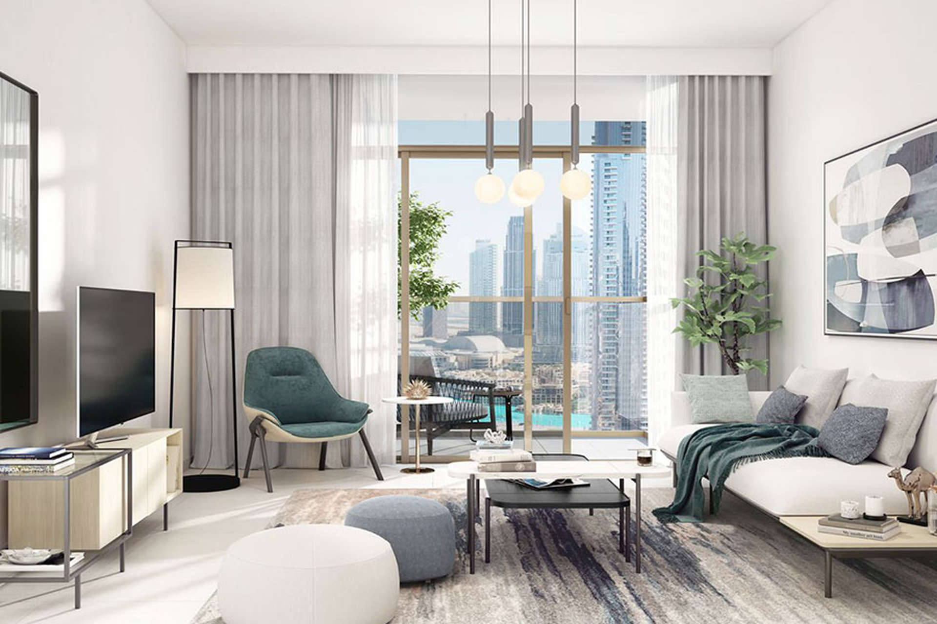 Modern living room in two-bed Burj Crown apartment, Downtown Dubai, with elegant decor