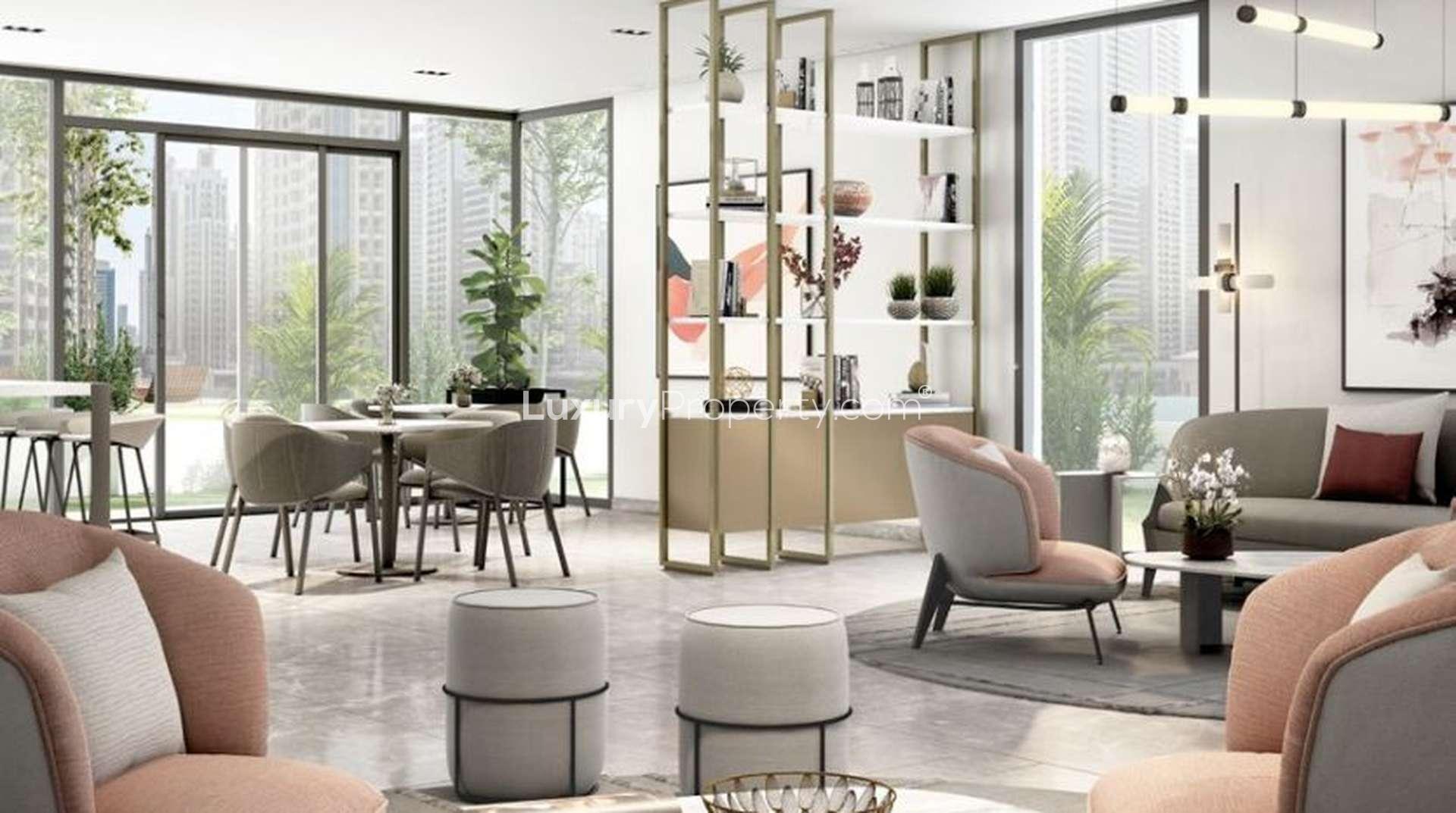 Modern bedroom in two-bed Burj Crown apartment, Downtown Dubai, with stylish decor and city view