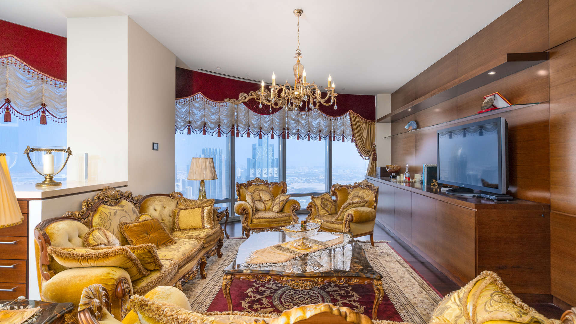 Luxurious dining room with ornate decor in Burj Khalifa apartment, Downtown Dubai