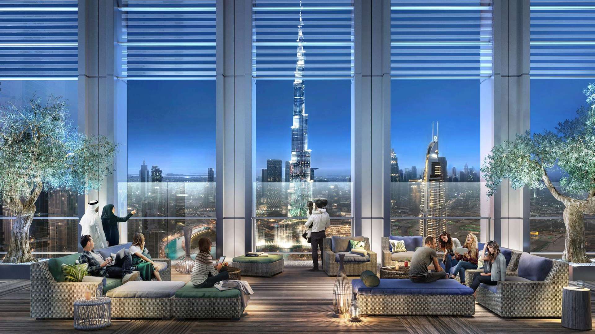Downtown Dubai skyline with Burj Royale and Burj Khalifa views, vibrant urban scene