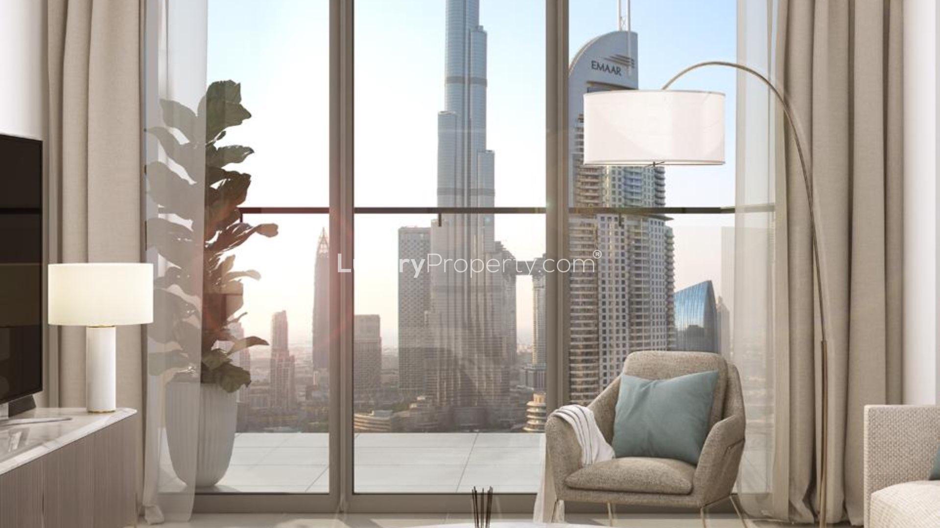 High-floor Burj Royale bedroom with Burj Khalifa view in Downtown Dubai apartment