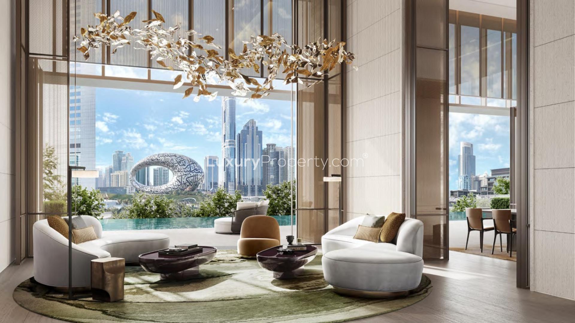 Luxurious living room with skyline view in Emirates Towers apartment, Jumeirah Residences