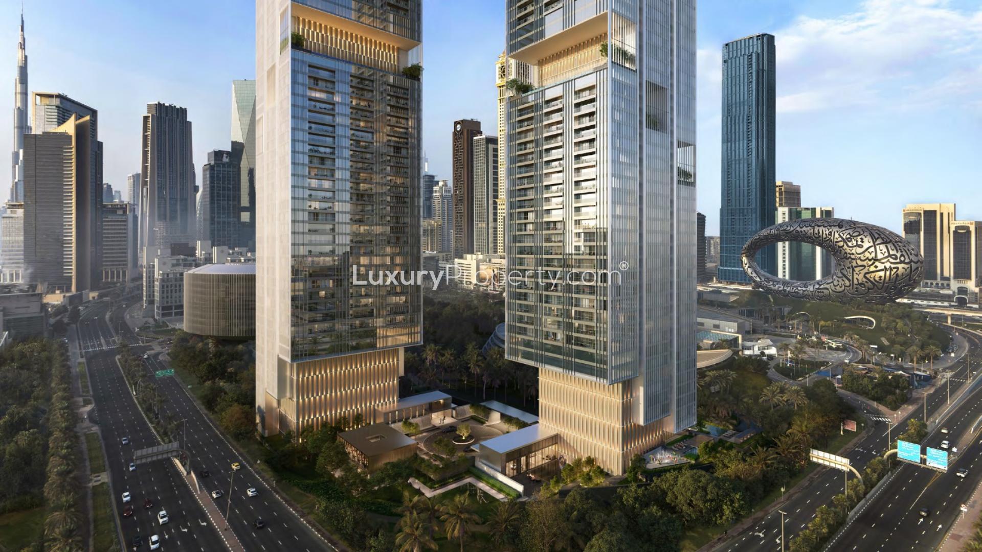 Luxurious living room with city view in Emirates Towers apartment, Sheikh Zayed Road