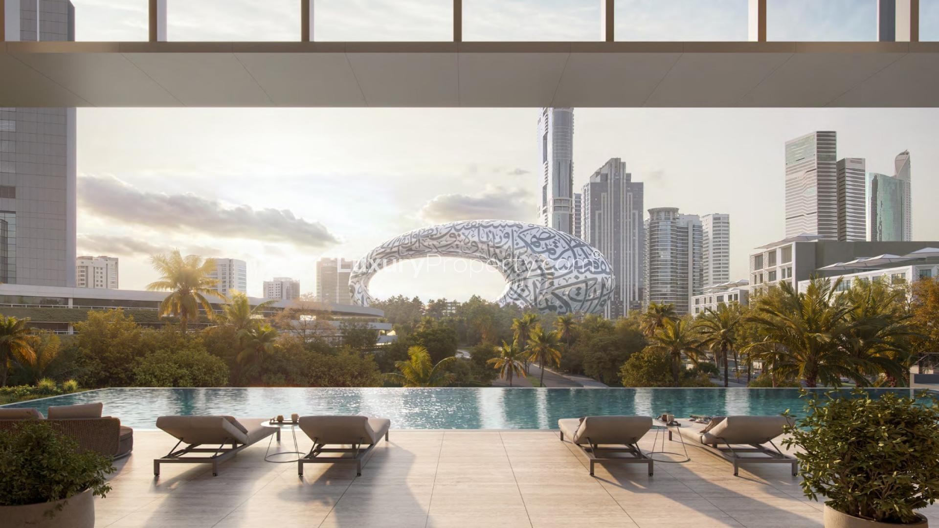 Luxurious dining area with skyline view in 3-bedroom apartment, Emirates Towers, Jumeirah Residences