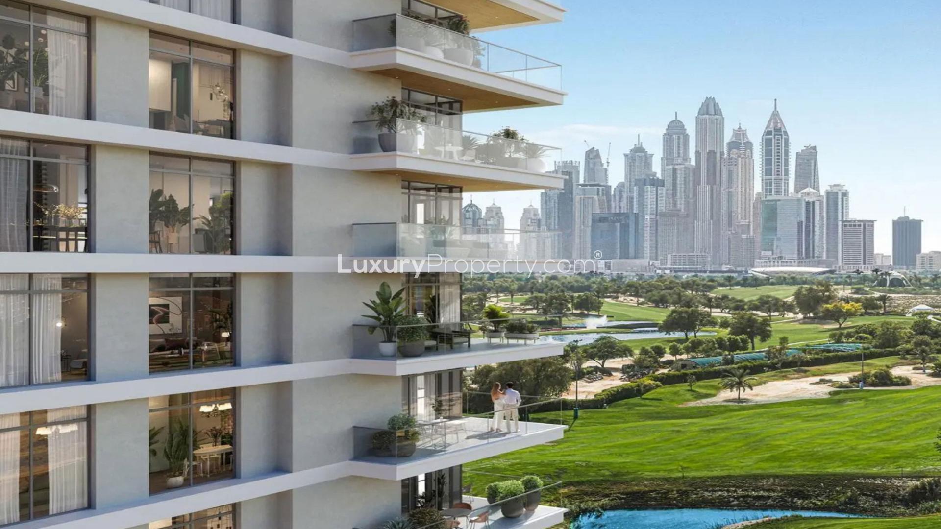 Luxurious living room with cityscape view in Golf Heights, Emirates Hills apartment for sale