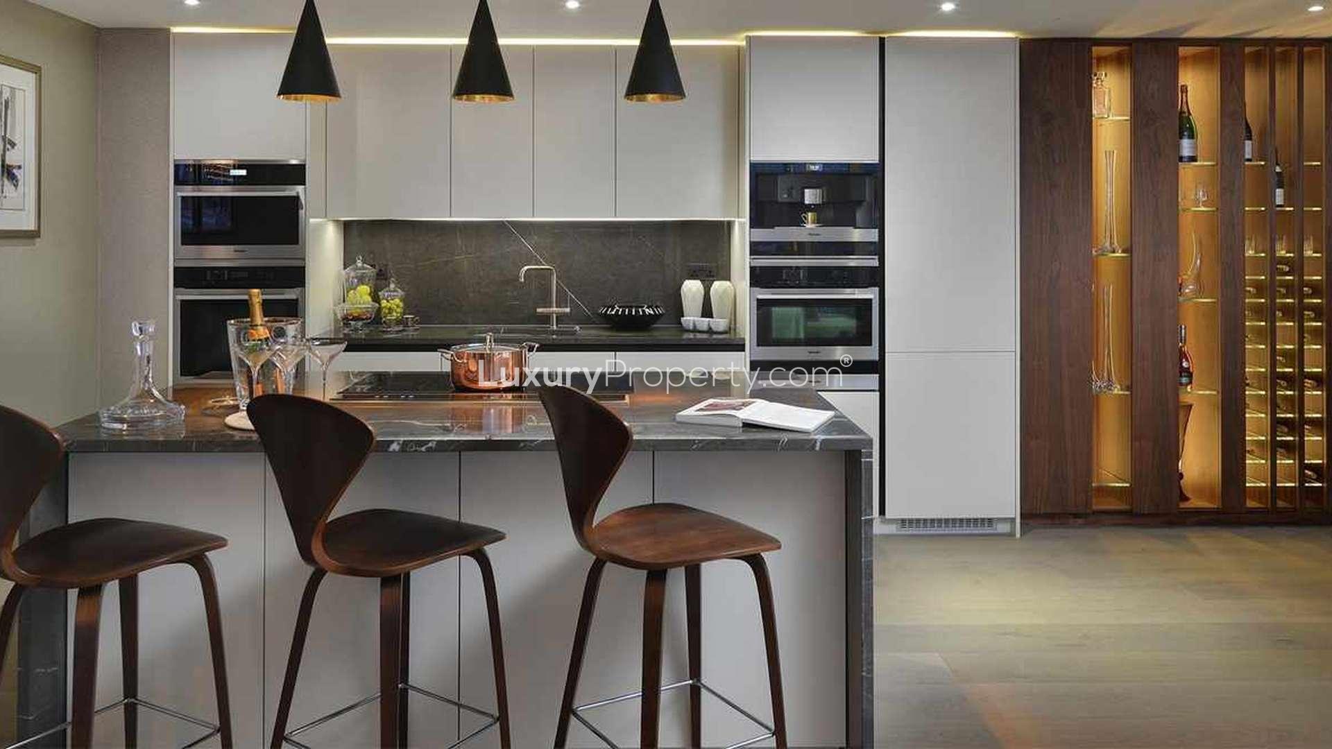 Modern kitchen in luxury Clipper Wharf apartment, featuring sleek design and built-in wine storage