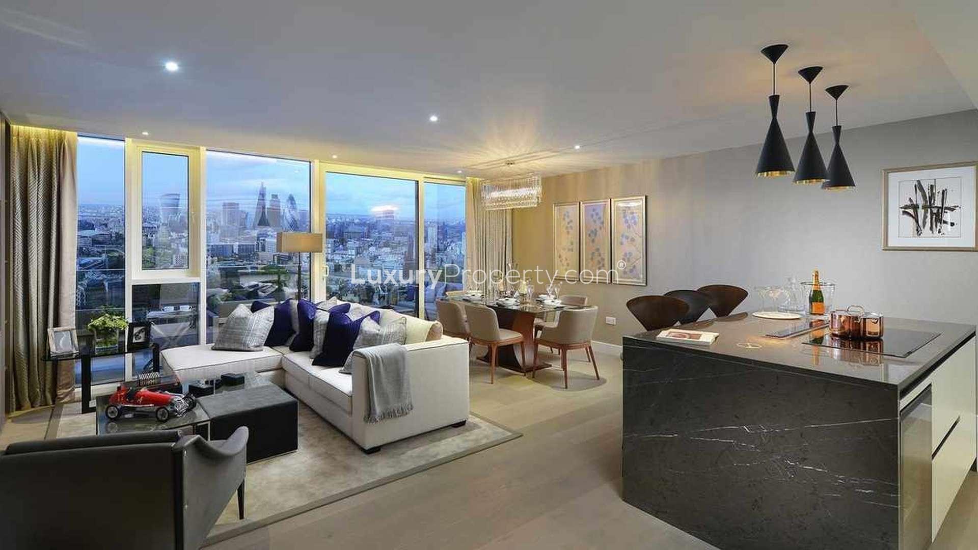 "Luxury living room in Clipper Wharf apartment, London Dock with city views.",Luxury living room in Clipper Wharf apartment with city skyline view, London Dock