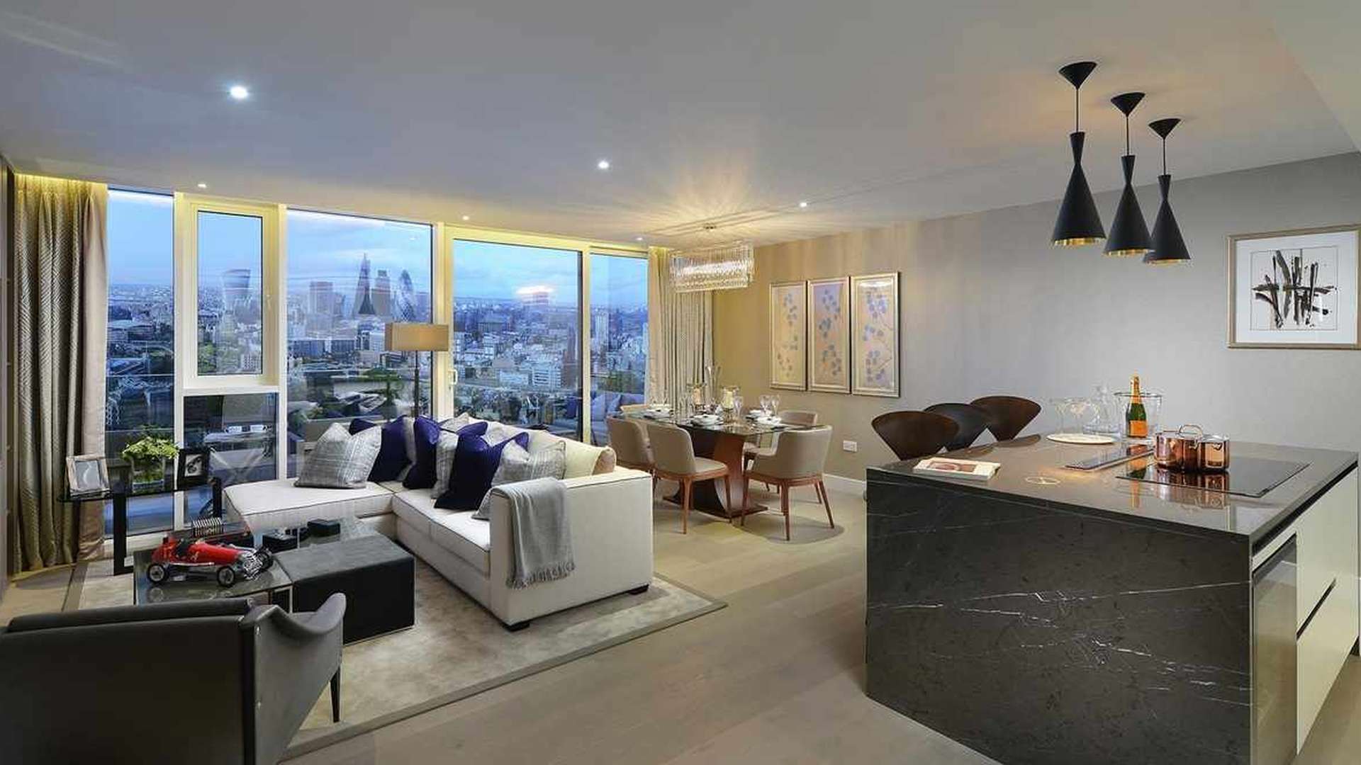 "Luxury living room in Clipper Wharf apartment, London Dock with city views.",Luxury living room in Clipper Wharf apartment with city skyline view, London Dock