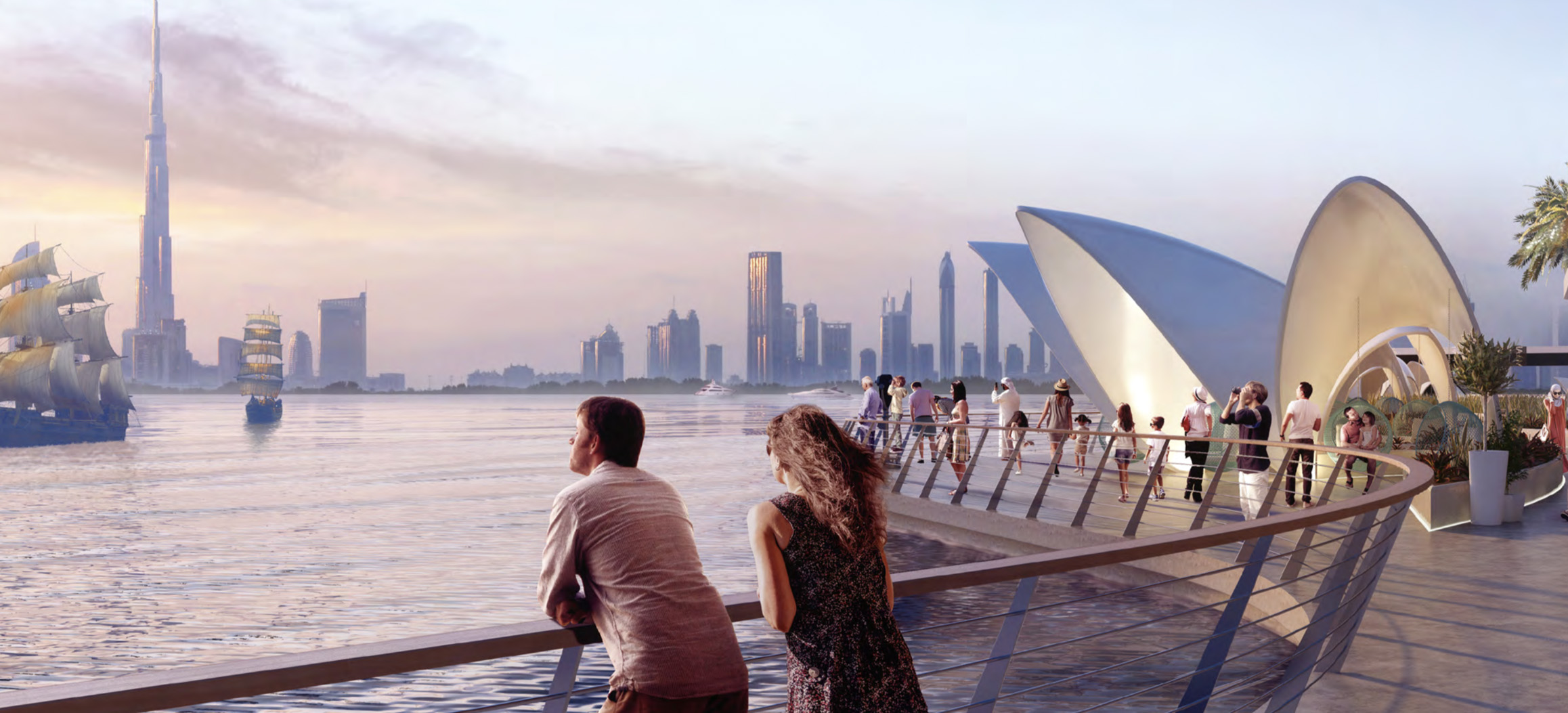 Contemporary Dubai Creek Harbour view with palm-lined walkway and modern skyscrapers at Creek Gate