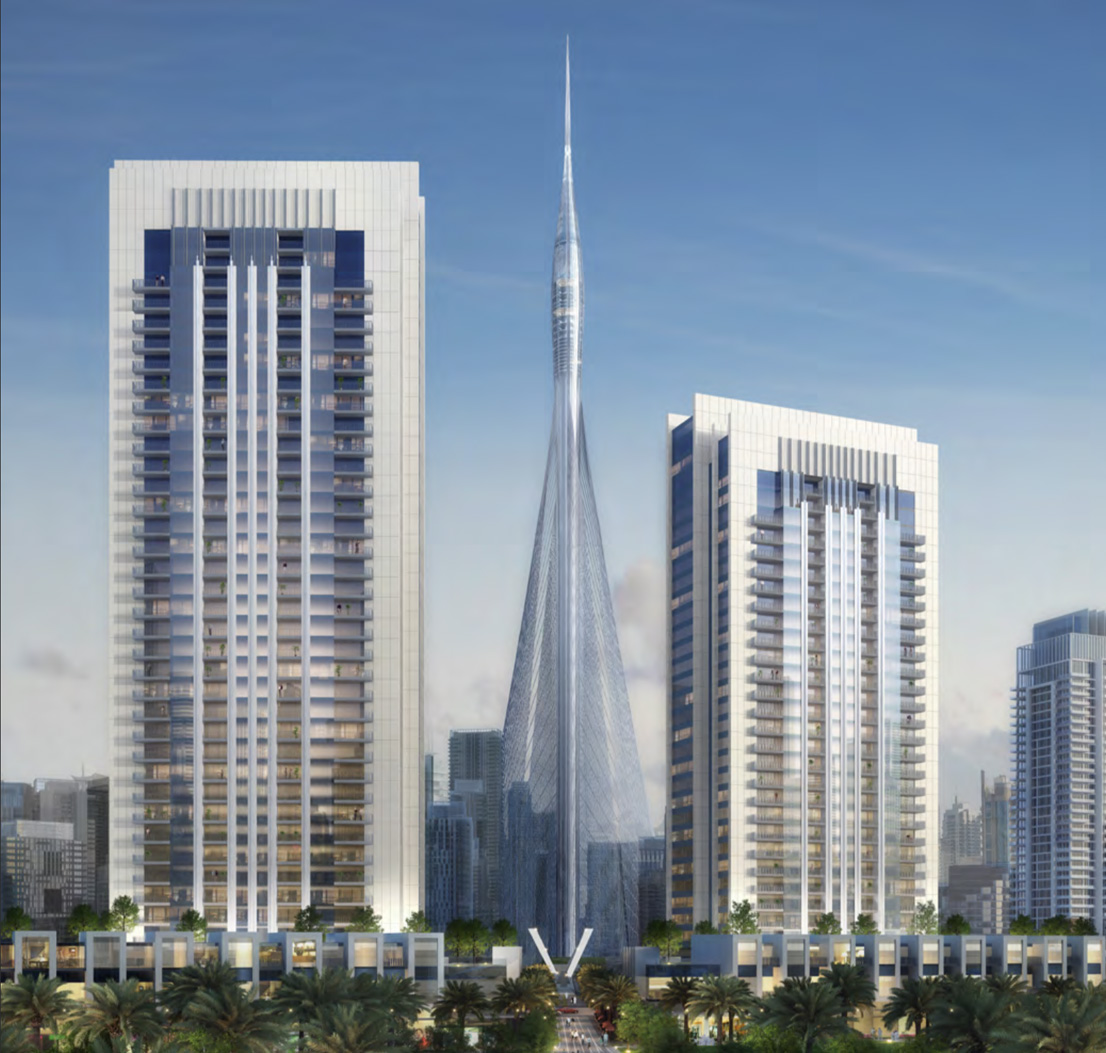 "View of Creek Gate, Dubai Creek Harbour with palm-lined walkway and modern skyscrapers.",Creek Gate apartment buildings in Dubai Creek Harbour with iconic tower view