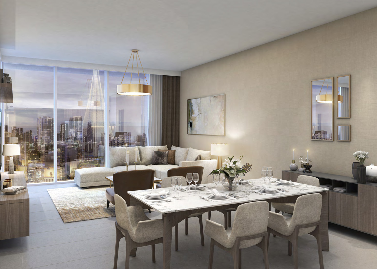 N/A,Modern living and dining area in Creek Gate, Dubai Creek Harbour apartment for sale