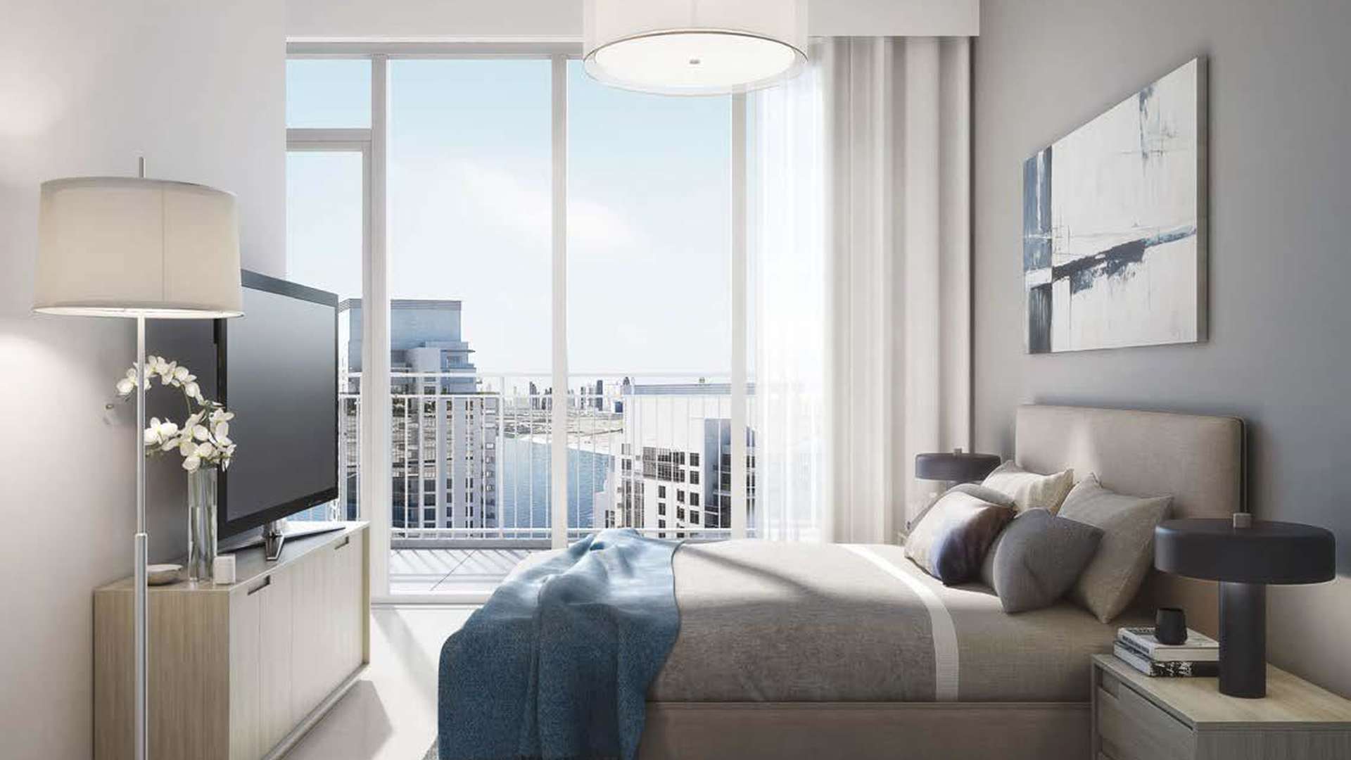 Modern kitchen in Creek Horizon apartment, Dubai Creek Harbour, featuring sleek white cabinetry