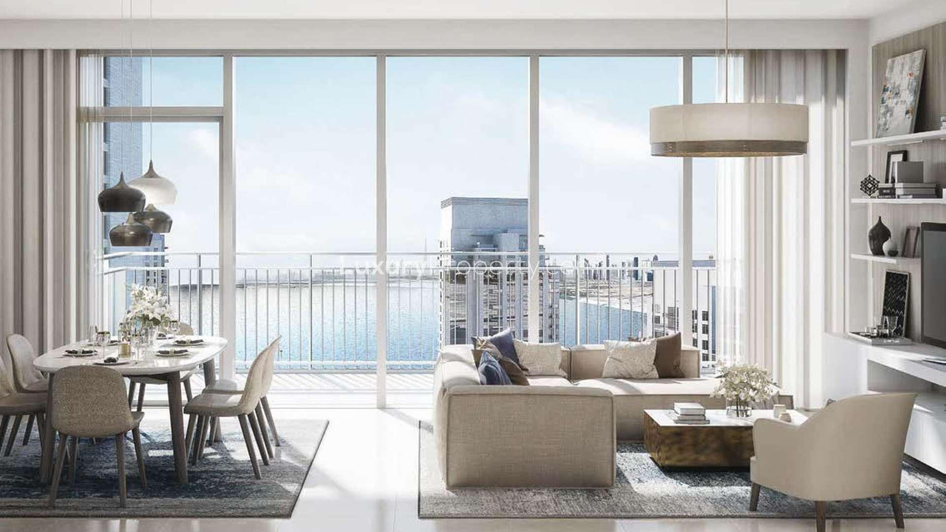 Ultramodern apartment complex at Creek Horizon, Dubai Creek Harbour, surrounded by lush greenery