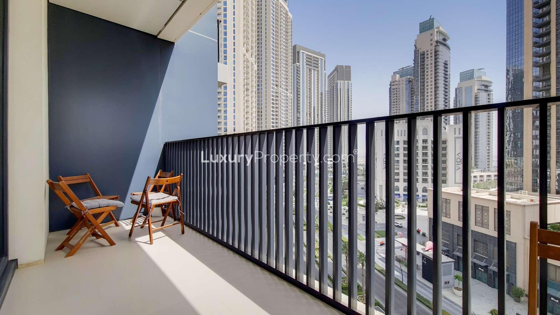 Balcony view of Creek Horizon apartment with cityscape in Dubai Creek Harbour